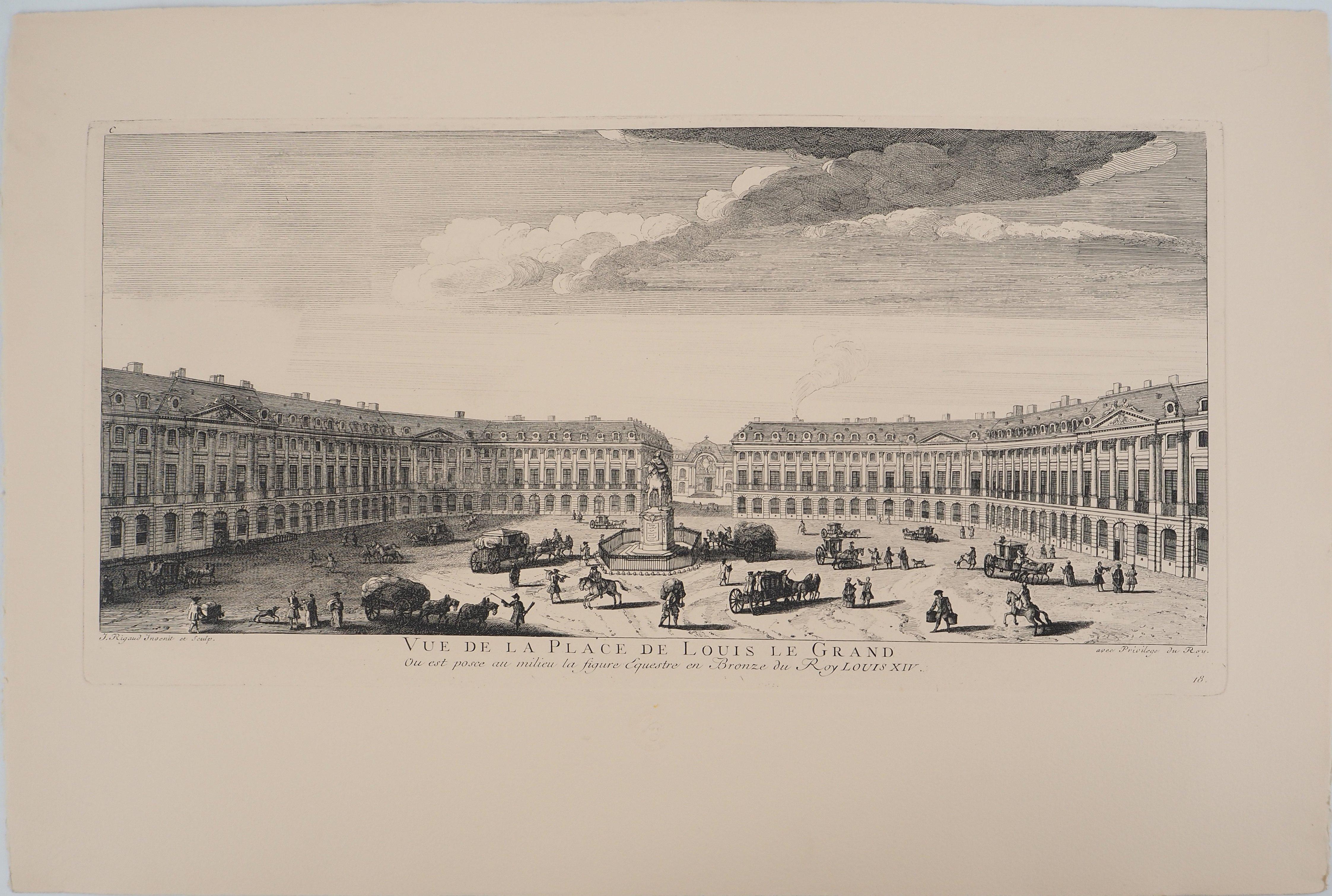 Parigi: Place Louis-le-Grand, ora Place Vandôme - Incisione originale, firmata - Print di Jacques RIGAUD