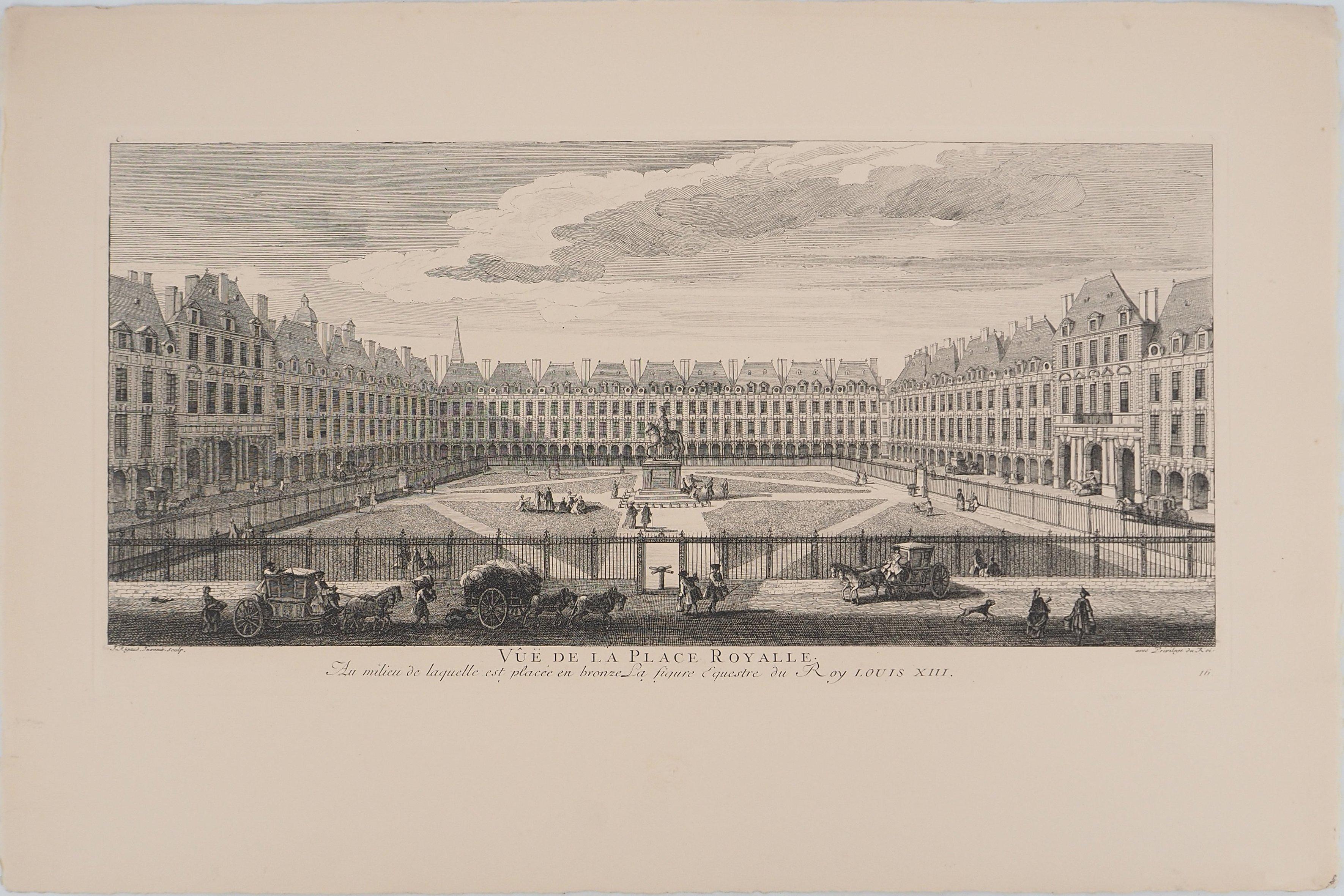 La Piazza Reale: Uno scorcio di Old Paris - Incisione originale, firmata - Print di Jacques RIGAUD