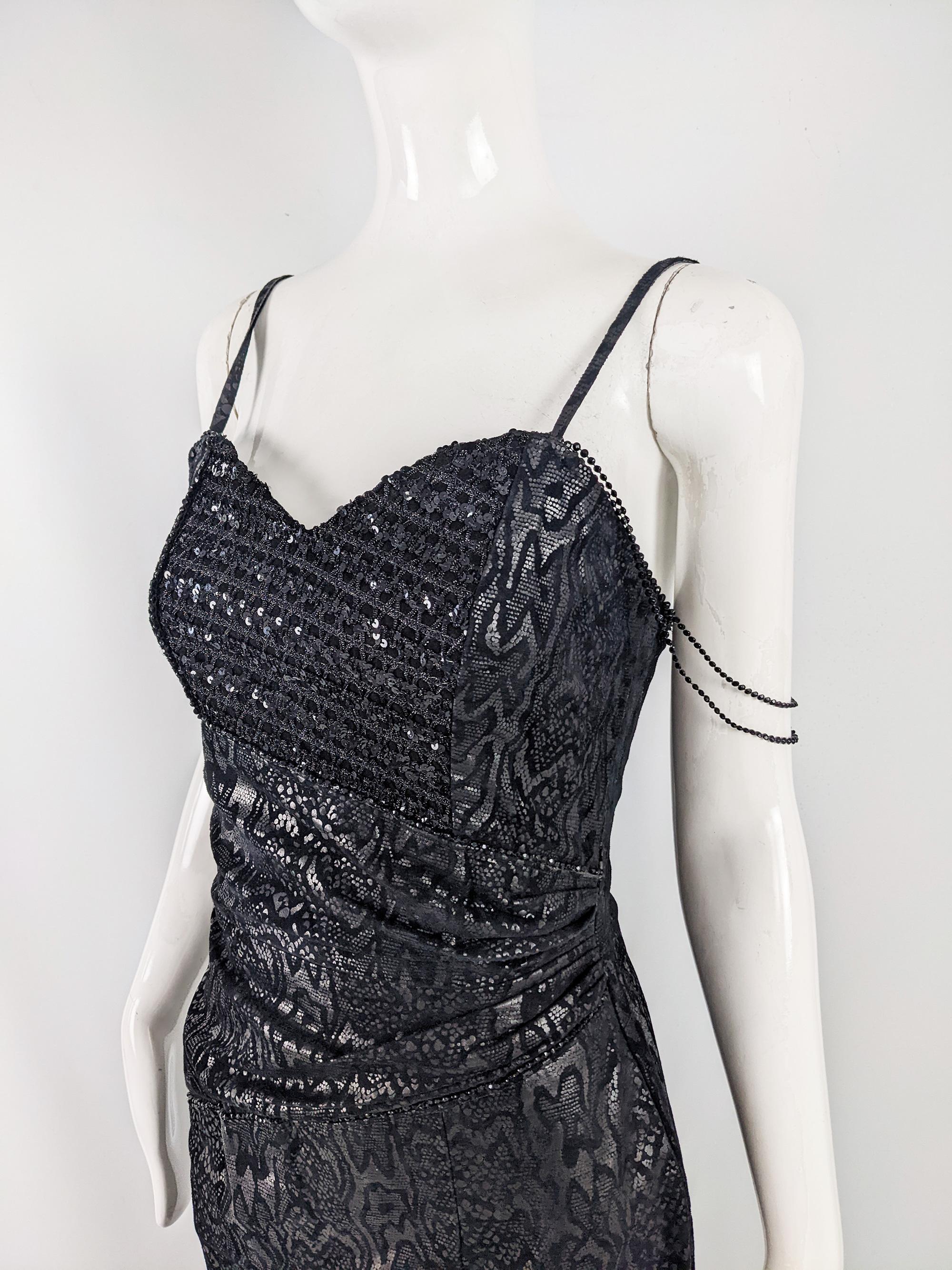 Jacques Sac Vintage Black Leather Snakeskin Print Sequin Real Leather Dress In Excellent Condition In Doncaster, South Yorkshire