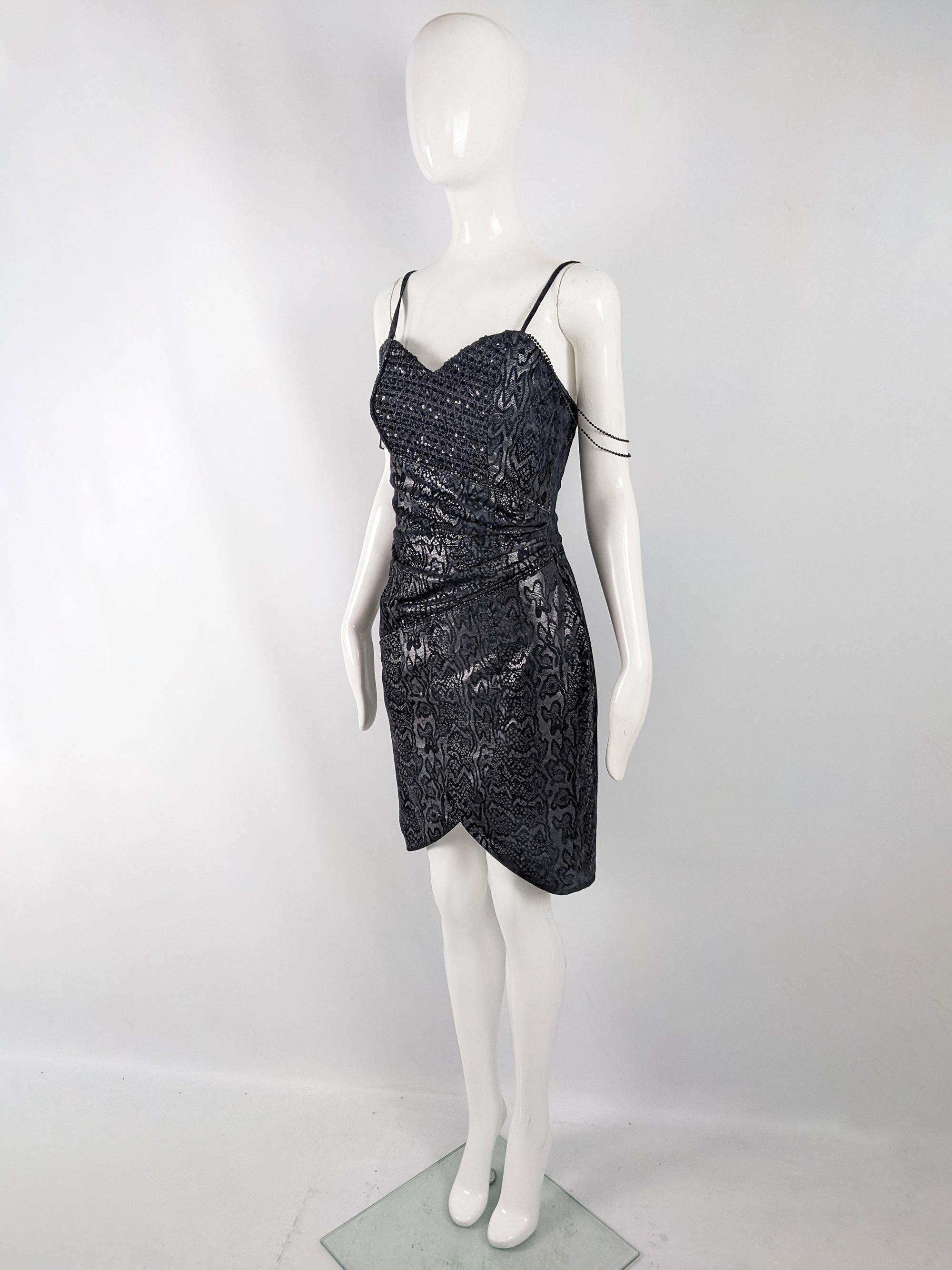 Jacques Sac Vintage Black Leather Snakeskin Print Sequin Real Leather Dress 1