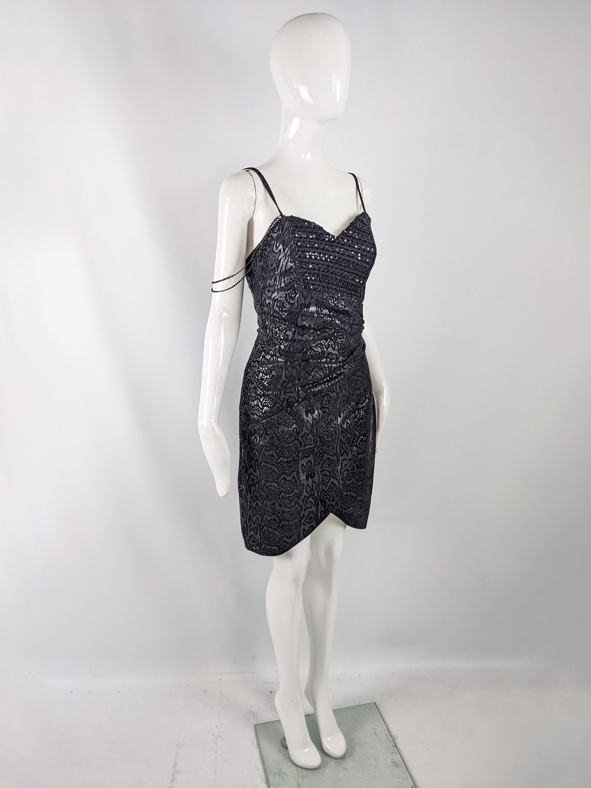 Jacques Sac Vintage Black Leather Snakeskin Print Sequin Real Leather Dress 2