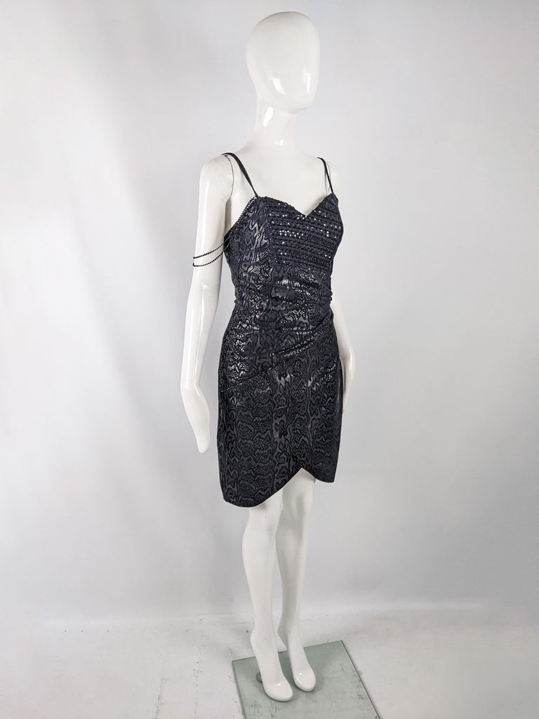 Jacques Sac Vintage Black Leather Snakeskin Print Sequin Real Leather Dress For Sale 3