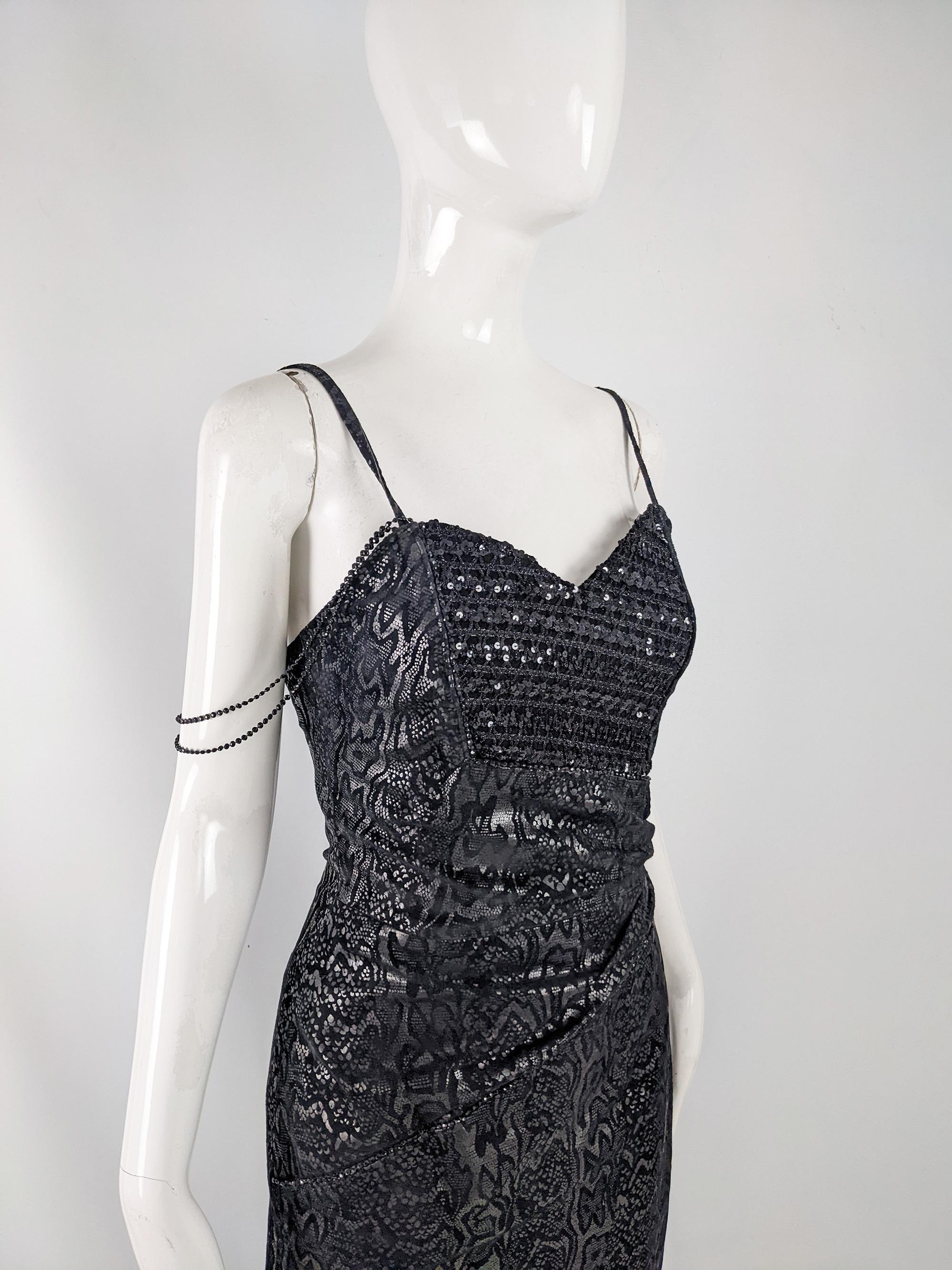 Jacques Sac Vintage Black Leather Snakeskin Print Sequin Real Leather Dress 3