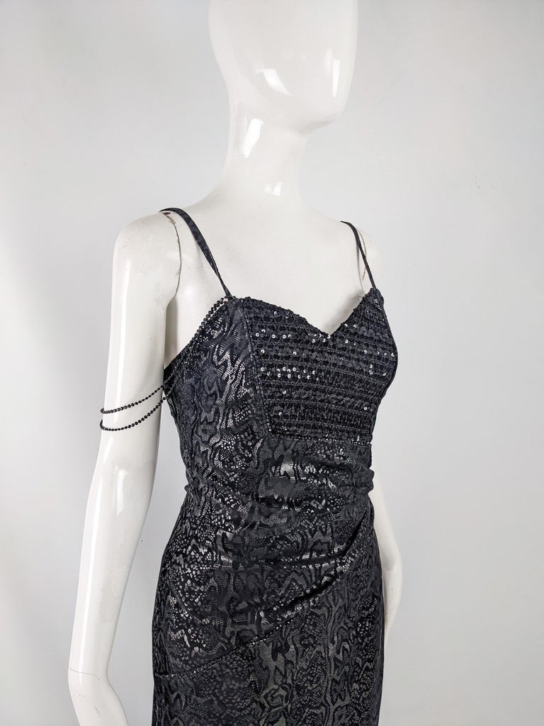 Jacques Sac Vintage Black Leather Snakeskin Print Sequin Real Leather Dress For Sale 4