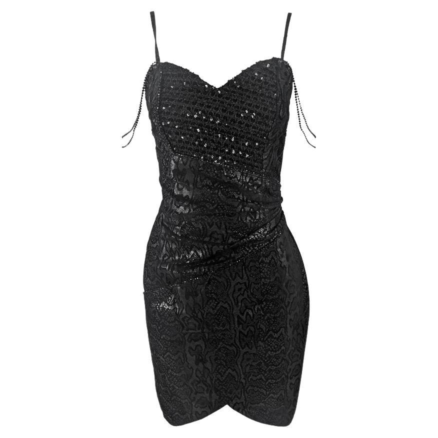 Jacques Sac Vintage Black Leather Snakeskin Print Sequin Real Leather Dress