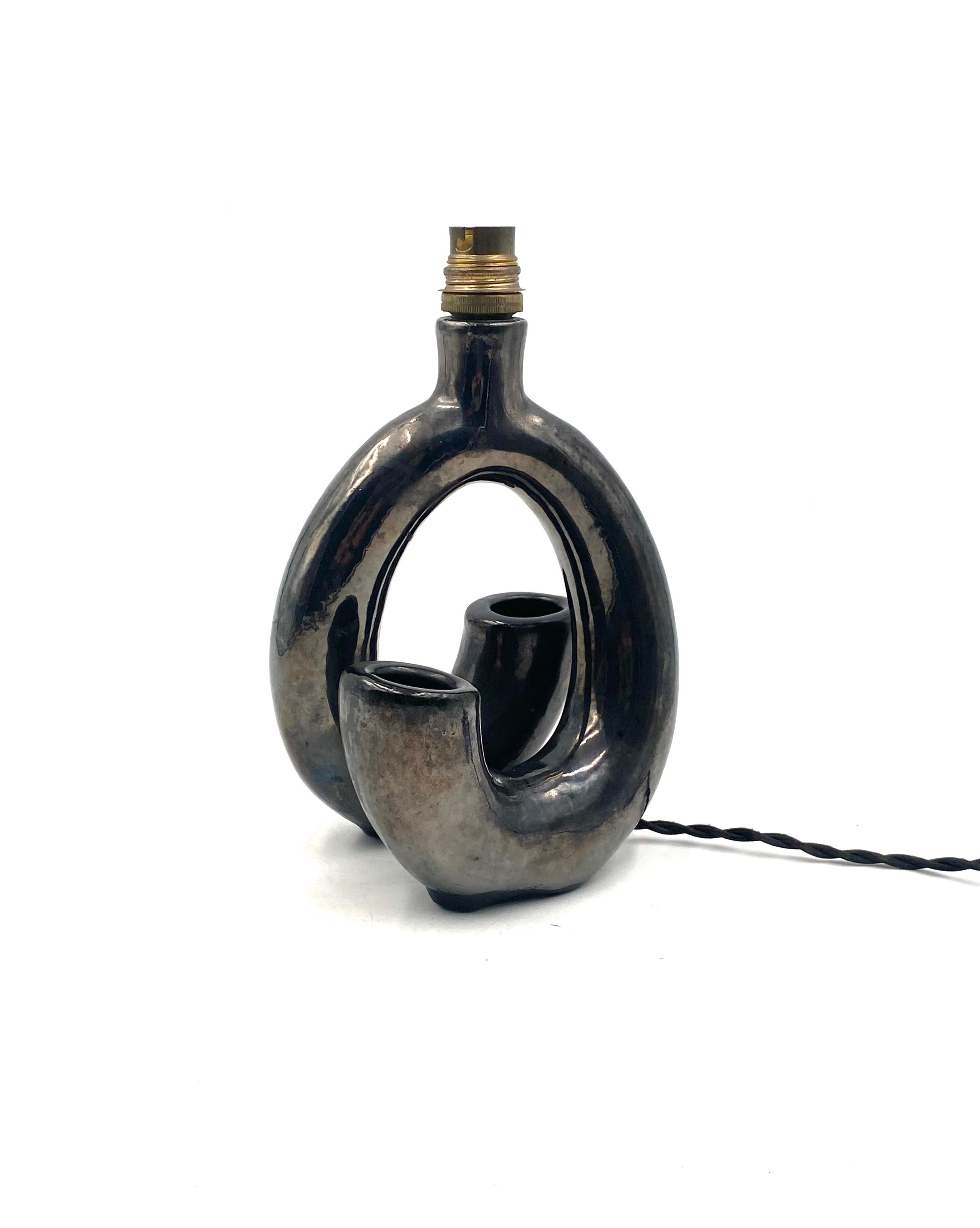 Jacques Sagan, 'Corne' black earthenware lamp base, Vallauris France 1960s 6