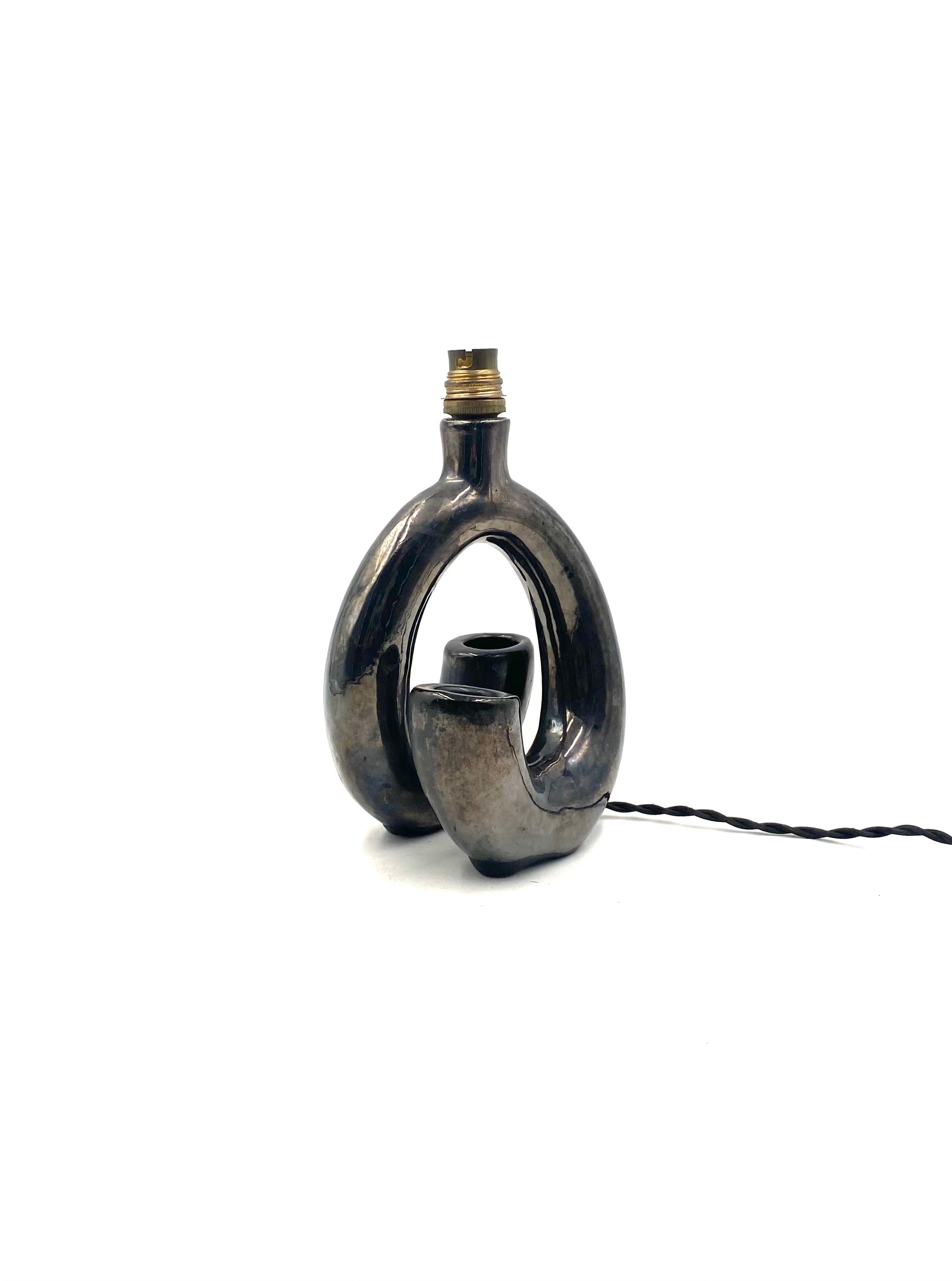 Jacques Sagan, pie de lámpara de loza negra 'Corne', Vallauris Francia Años 60 10