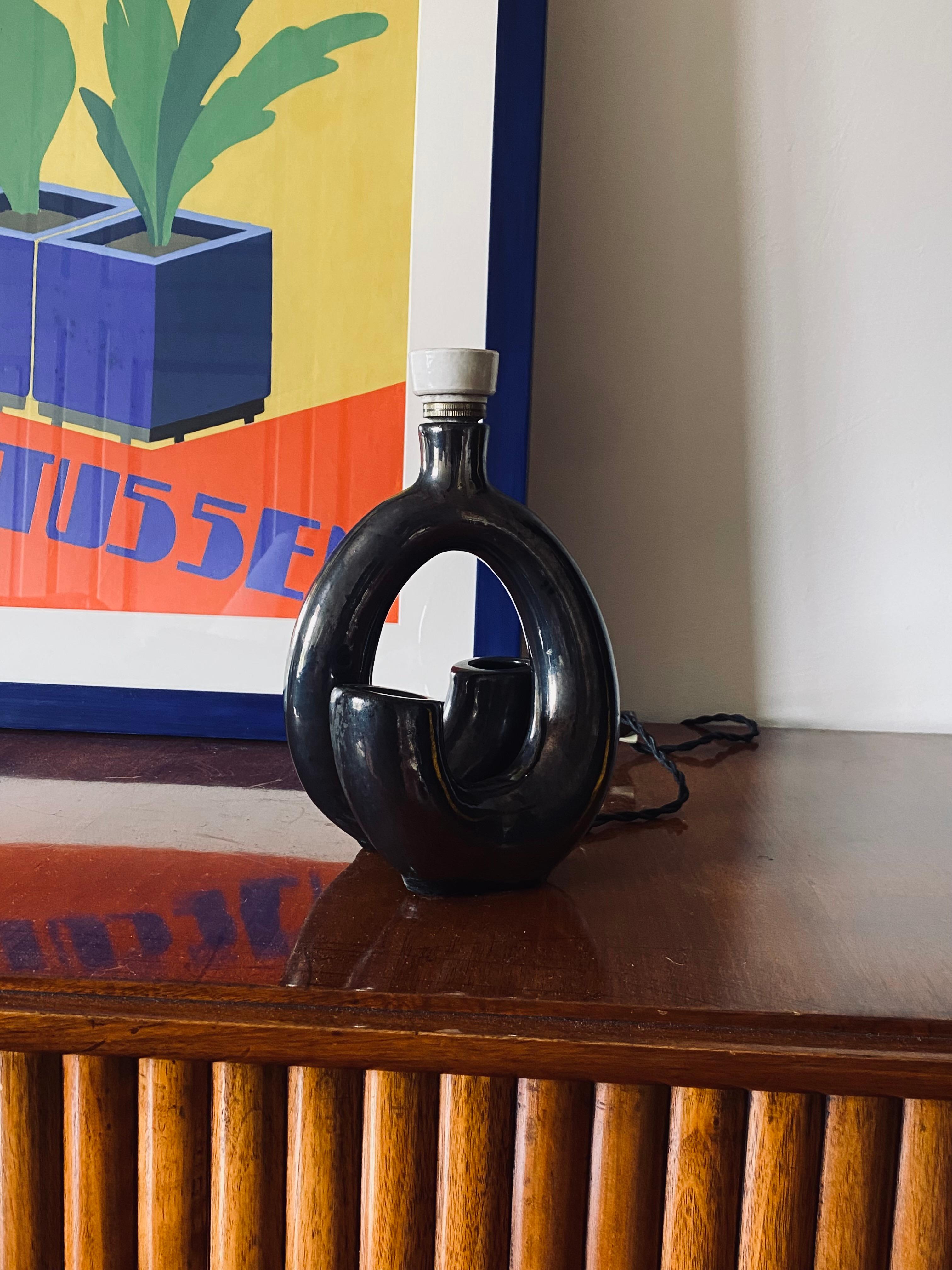 Mid-Century Modern Jacques Sagan, 'Corne' black earthenware lamp base, Vallauris France 1960s