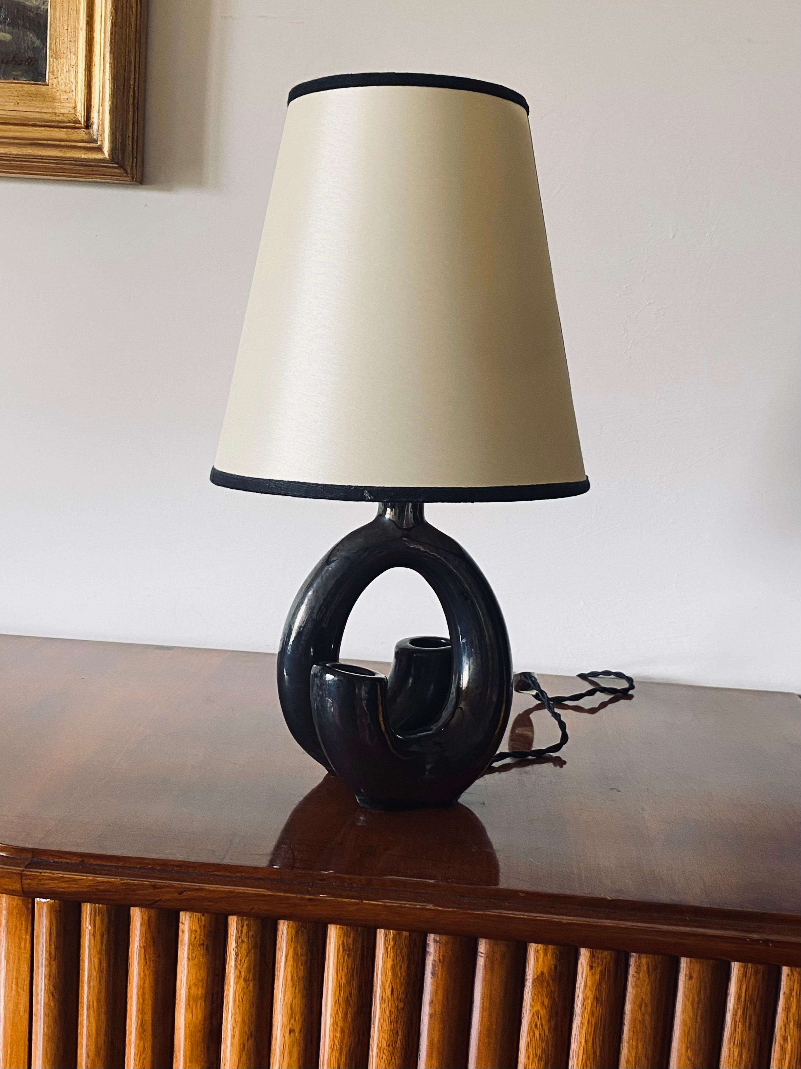 Jacques Sagan, 'Corne' black earthenware lamp base, Vallauris France 1960s In Excellent Condition In Firenze, IT