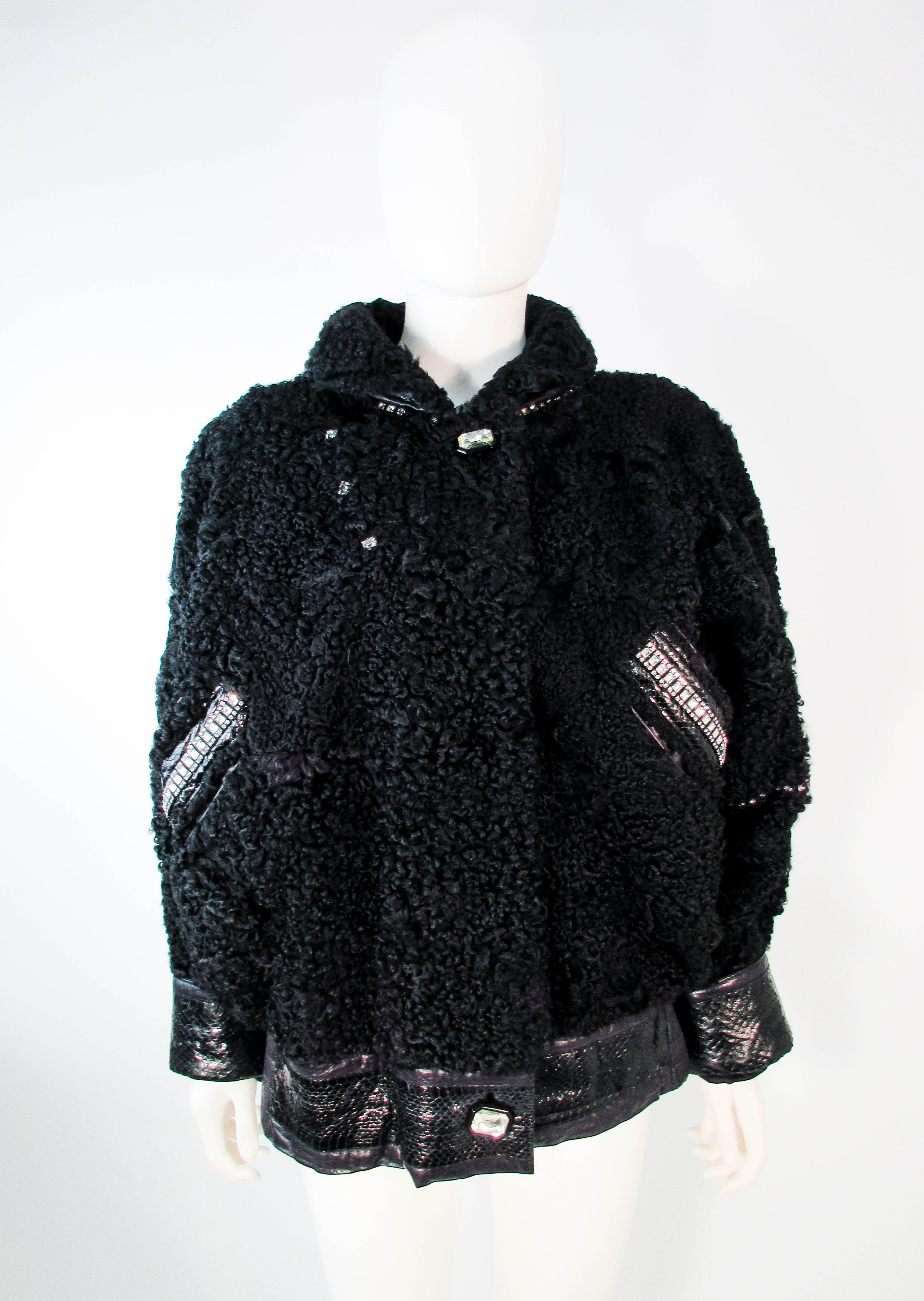 Women's JACQUES SAINT LAURENT Black Lamb Jacket with Rhinestones & Snakeskin Trim 38