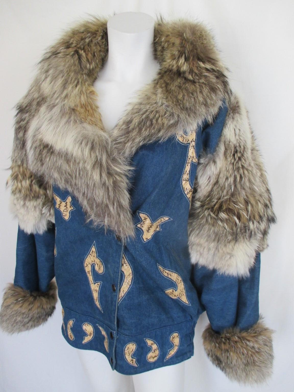 JACQUES SAINT LAURENT Paris Wolf Fur Snake Denim Jacket For Sale 2