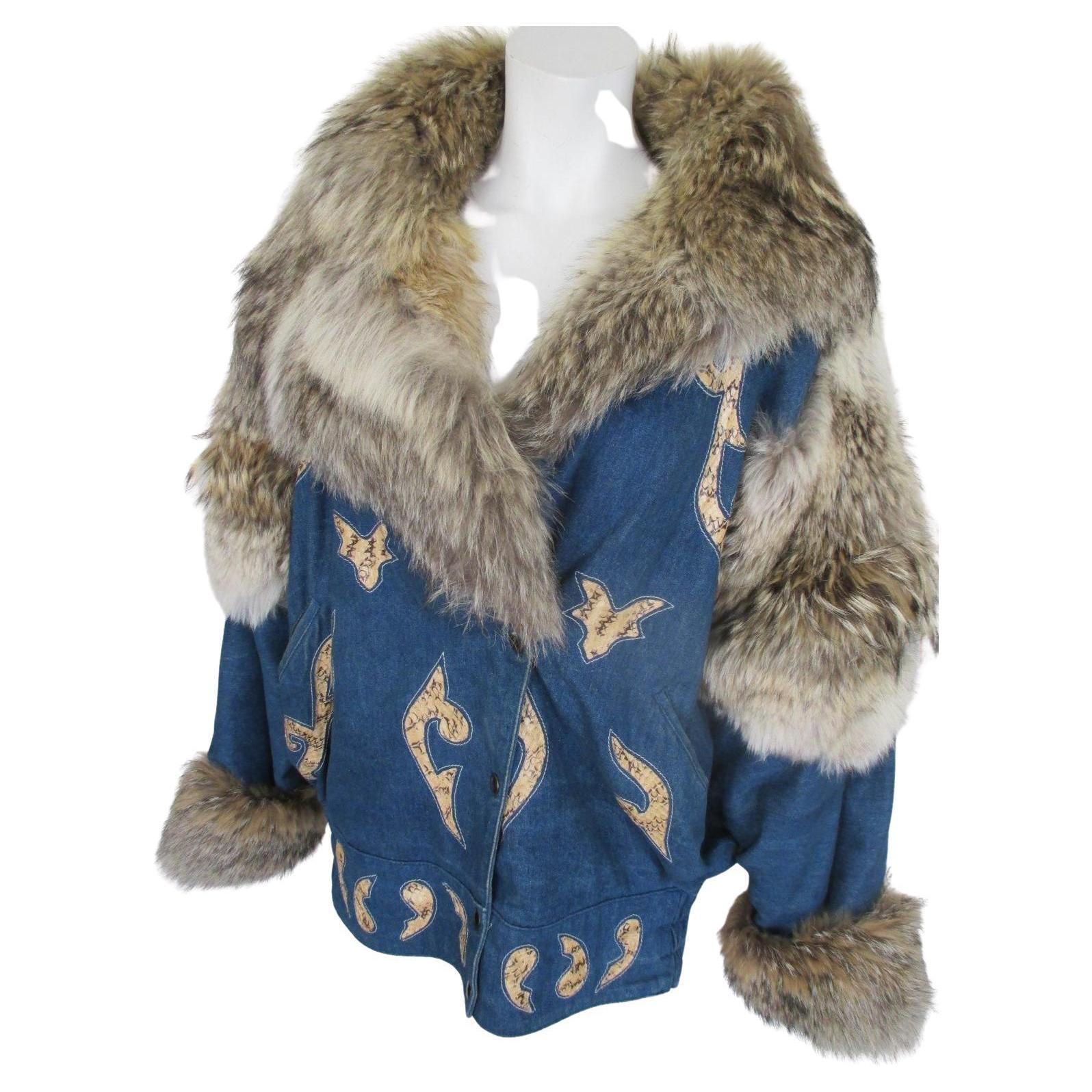 JACQUES SAINT LAURENT Paris Wolf Fur Snake Denim Jacket For Sale