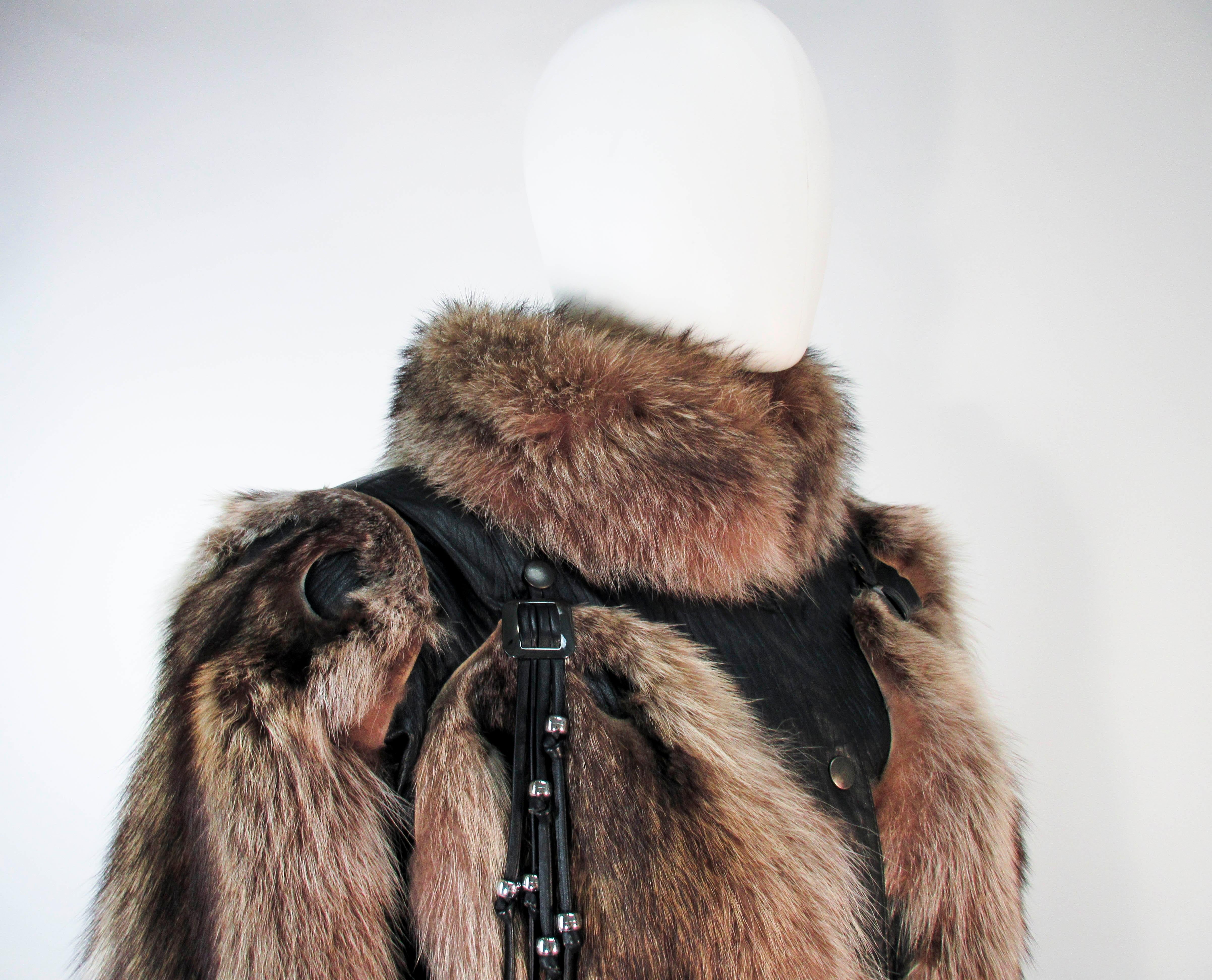 Black JACQUES SAINT LAURENT Raccoon Fur Jacket with Detachable Tassels Size 38