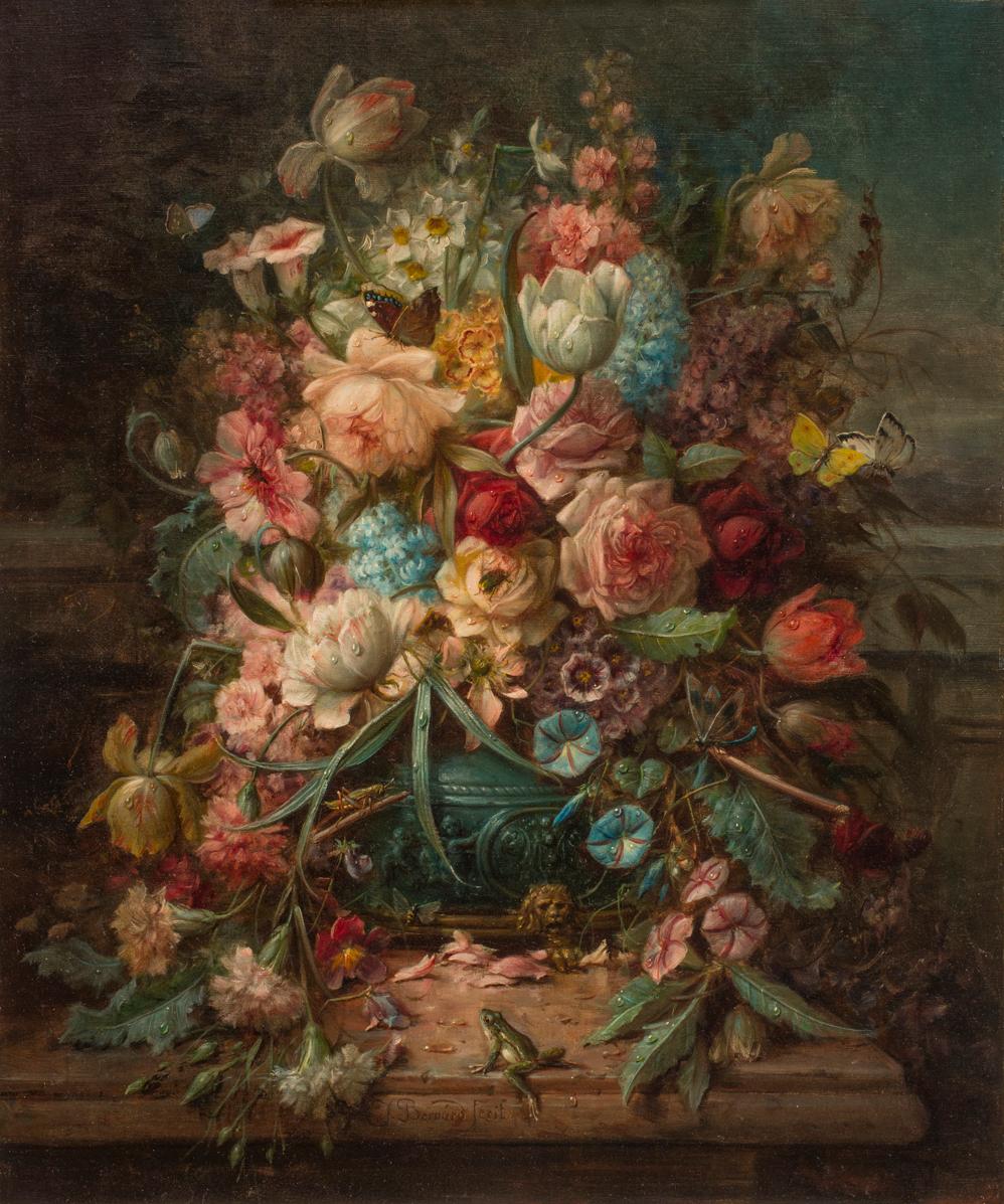 Still Life of Roses, Tulips, Carnations & flowers in Ormolu mounted Jardinière - Painting by Jacques-Samuel Bernard