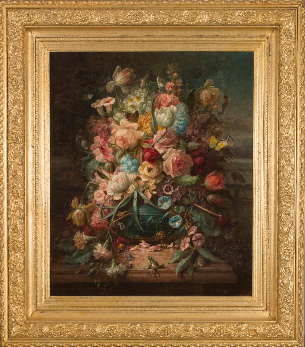 Jacques-Samuel Bernard Still-Life Painting - Still Life of Roses, Tulips, Carnations & flowers in Ormolu mounted Jardinière
