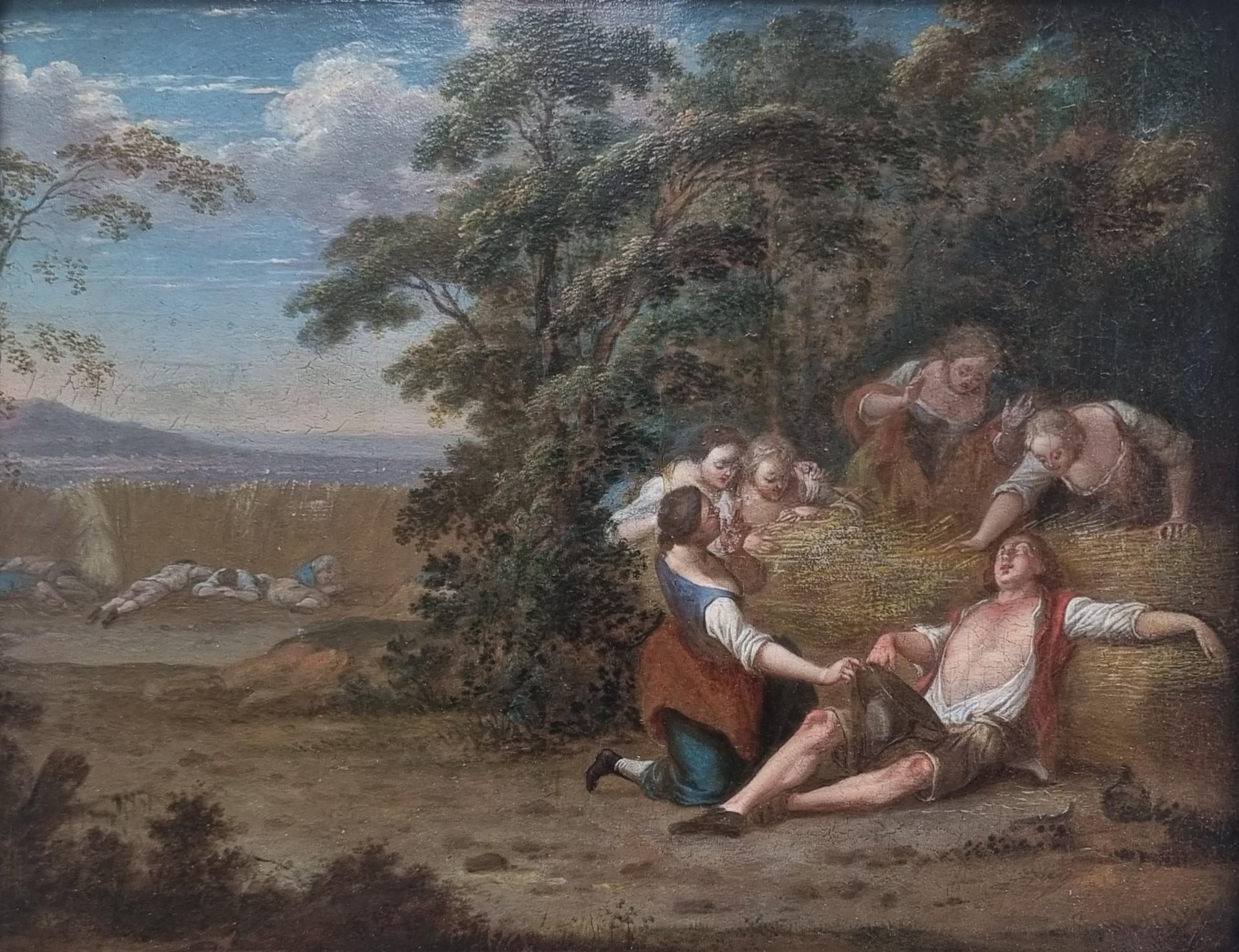 Jacques Sébastien LECLERC  Figurative Painting - LECLERC DES GOBELINS French 18th painting Elegant Scene Tale Harvester's nap