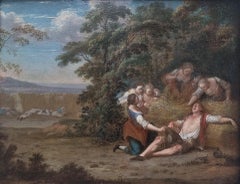 LECLERC DES GOBELINS French 18th painting Elegant Scene Tale Harvester's nap