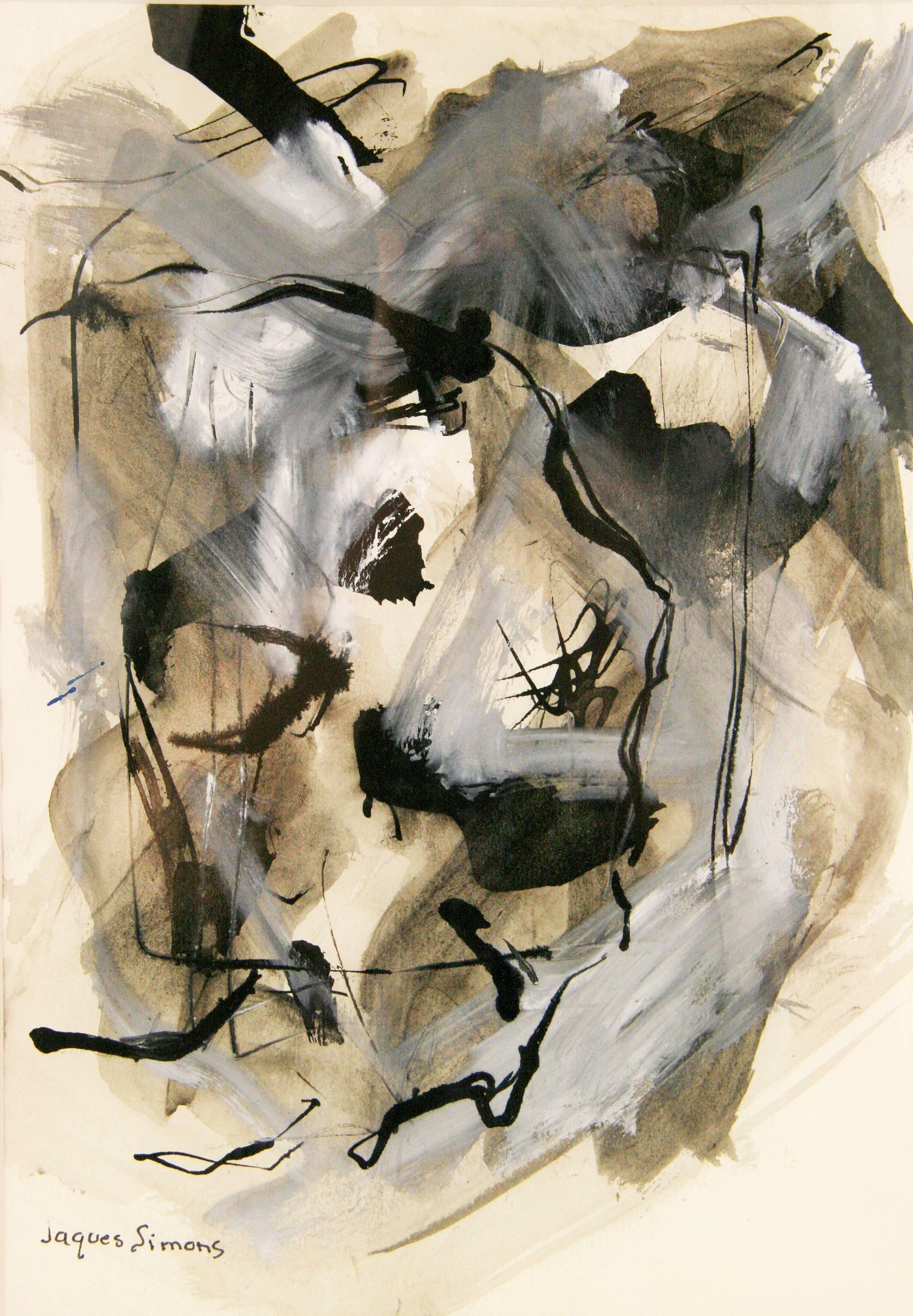 Schwarz-weißes abstraktes expressionistisches Gemälde aus den 1950er Jahren – Painting von Jacques Simons