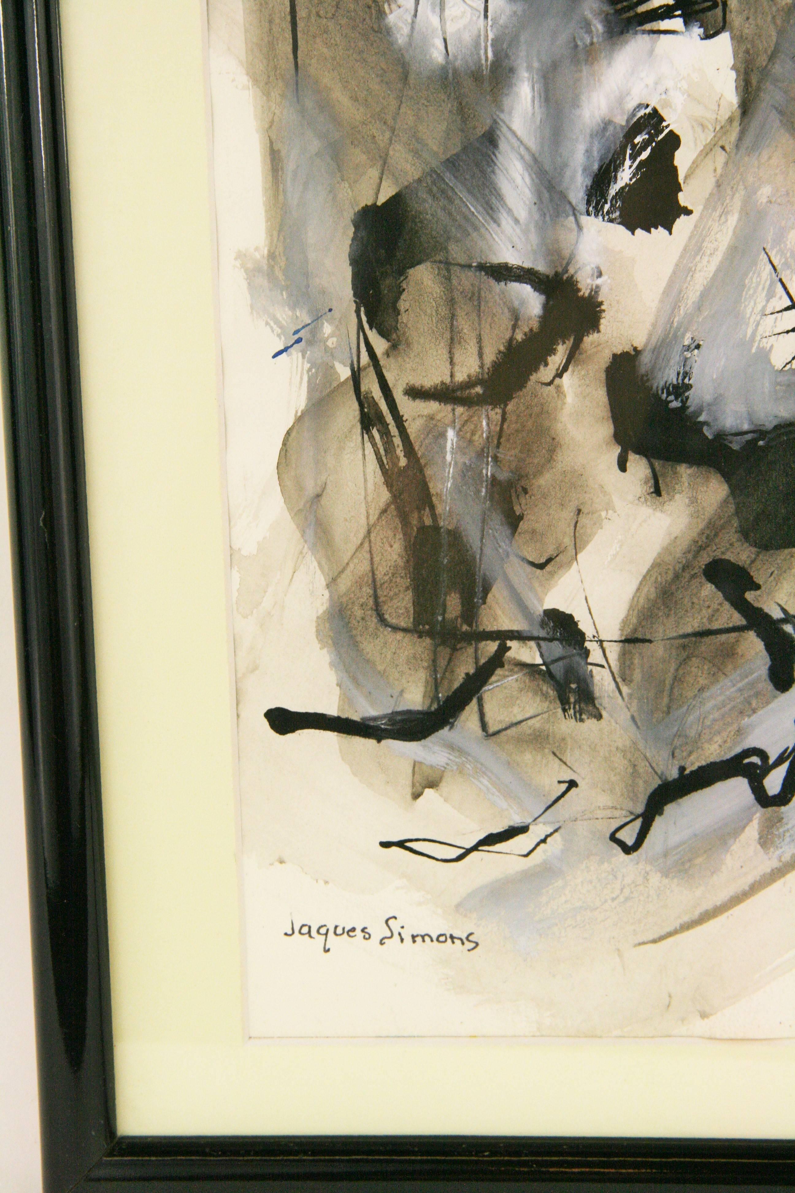 Schwarz-weißes abstraktes expressionistisches Gemälde aus den 1950er Jahren (Beige), Animal Painting, von Jacques Simons