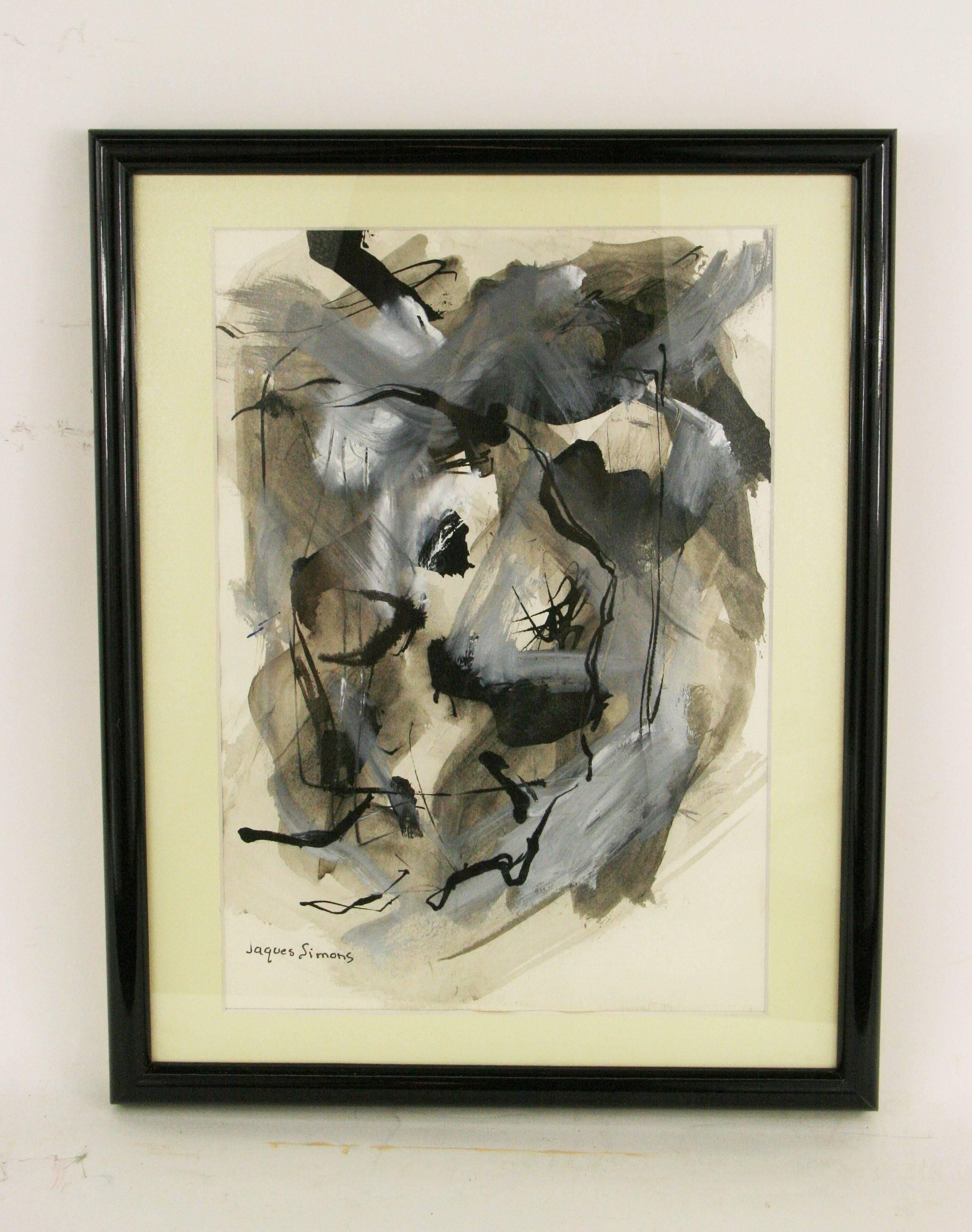 Jacques Simons Animal Painting - French Abstract Expressionist Color Field Black and White Painting 1950's