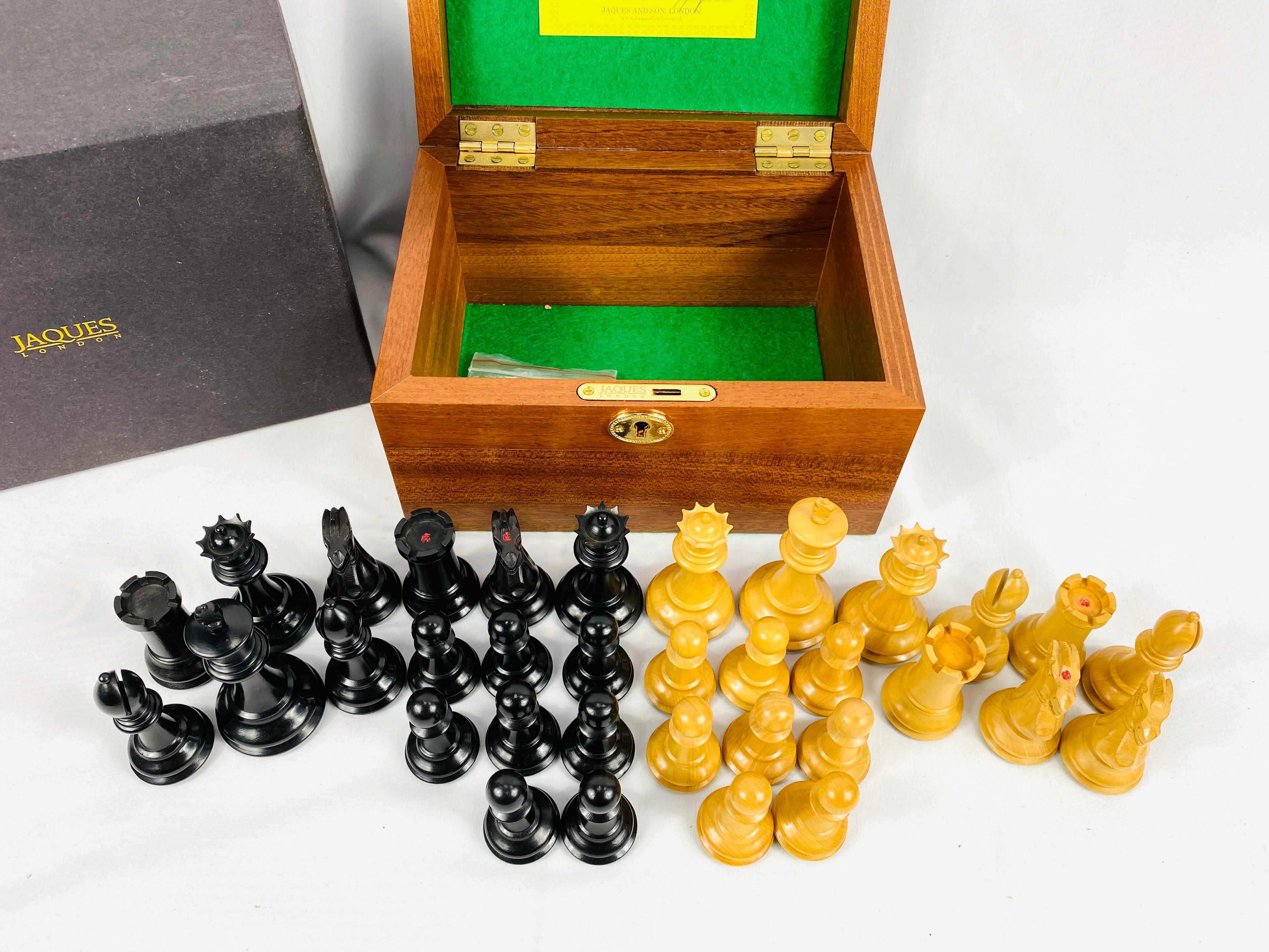 Jaques of London. Original Staunton limited edition chess set, no. 035184 (kings 9cm), in original box with key.
Staunton chess pieces are the most common and familiar pieces today. The pieces are named after the self-proclaimed world champion