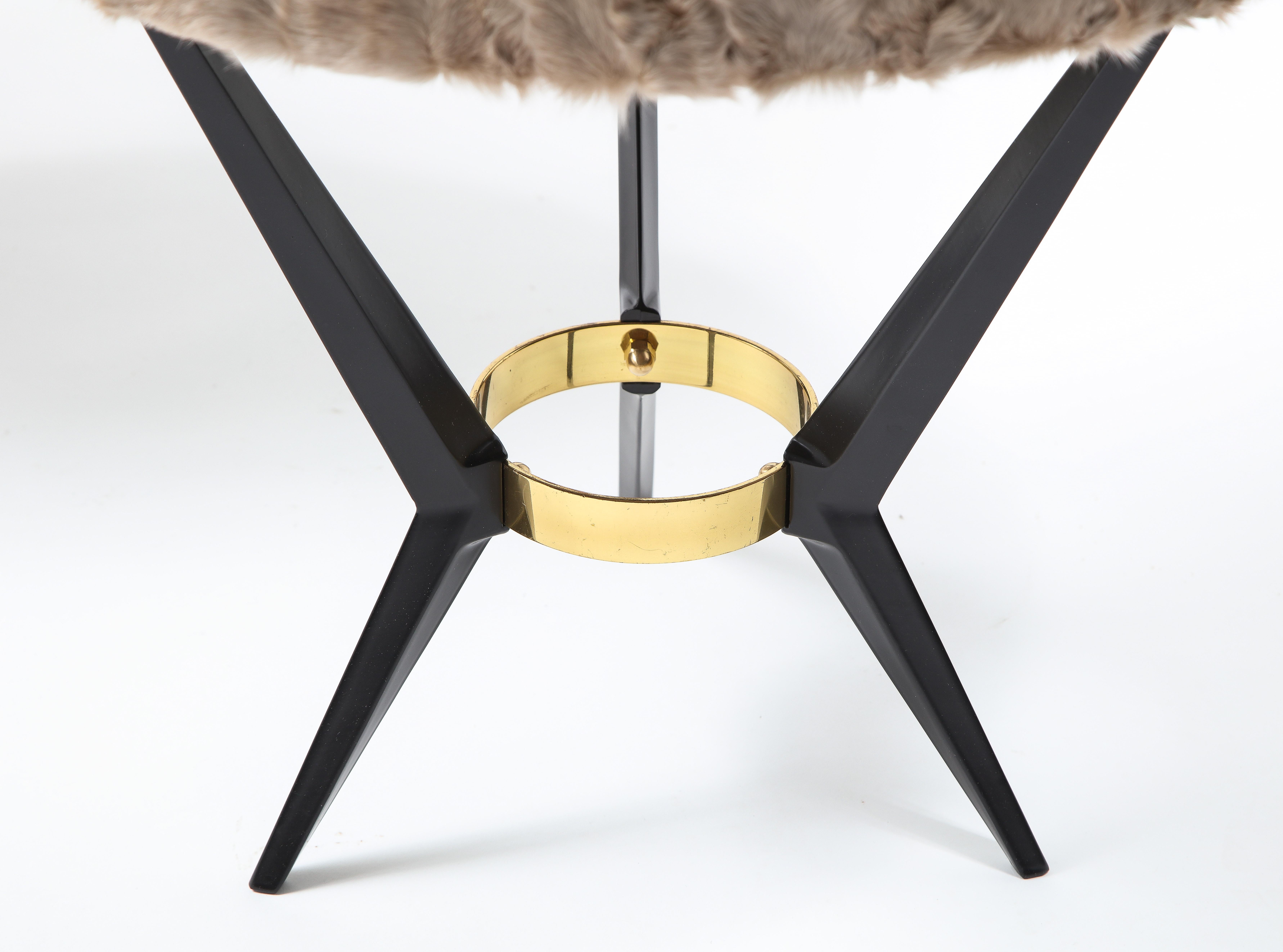 Jacques Tournus Pair of Black Metal & Brass Tripod Stools, France 1960's In Good Condition For Sale In New York, NY