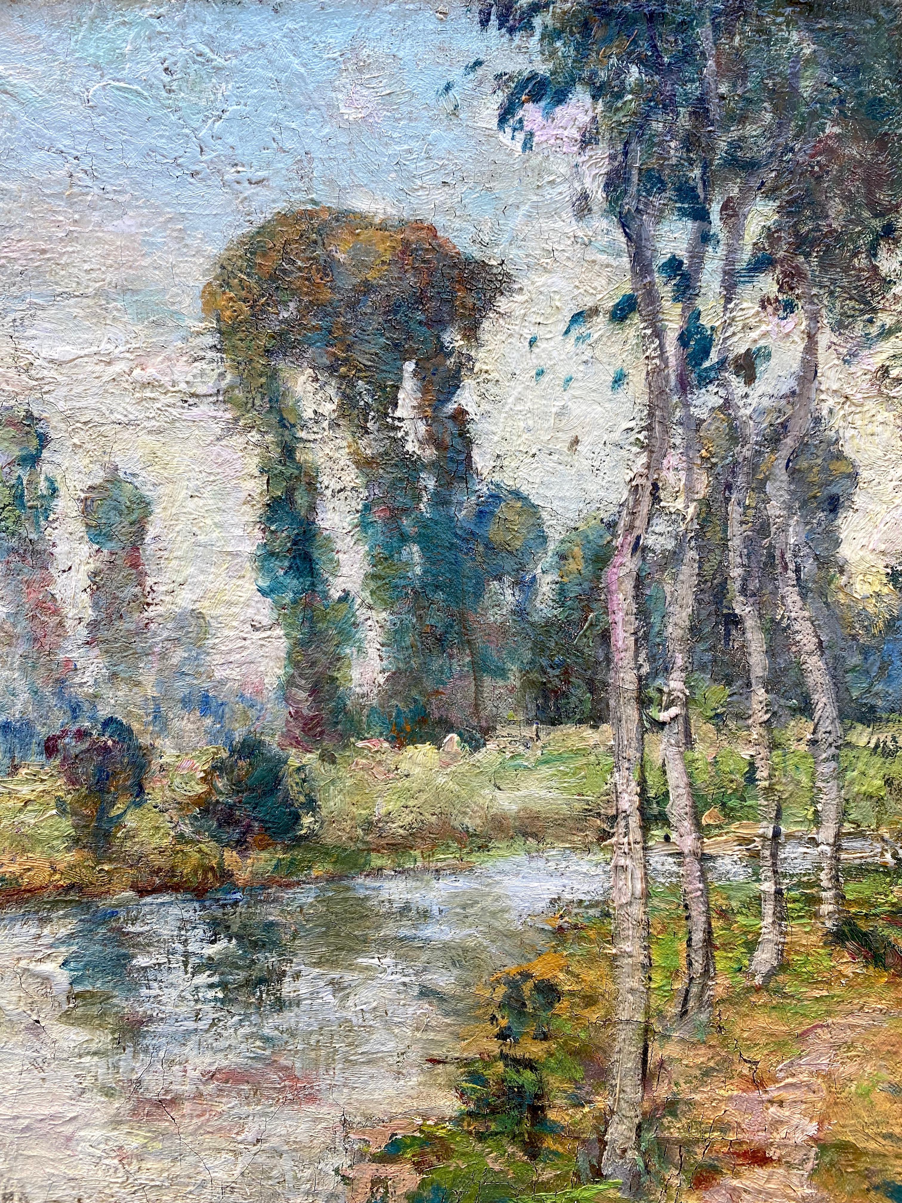 Impressionistische französische Sommerlandschaft aus der Region Barbizon Fontainebleau mit Figur (Impressionismus), Painting, von Jacques van Coppenolle