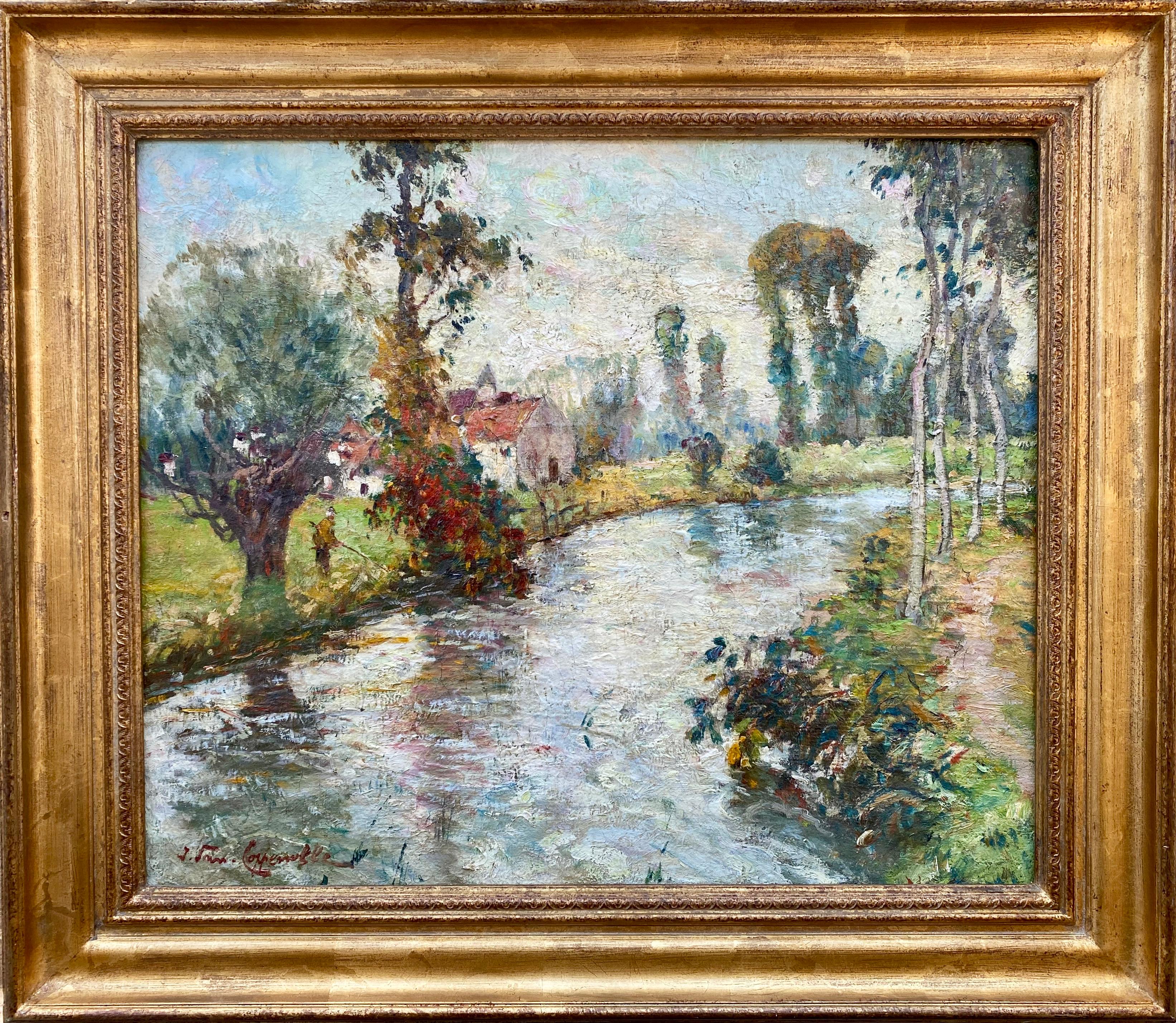 Jacques van Coppenolle Figurative Painting - Barbizon Fontainebleau region Impressionist French summer landscape with figure