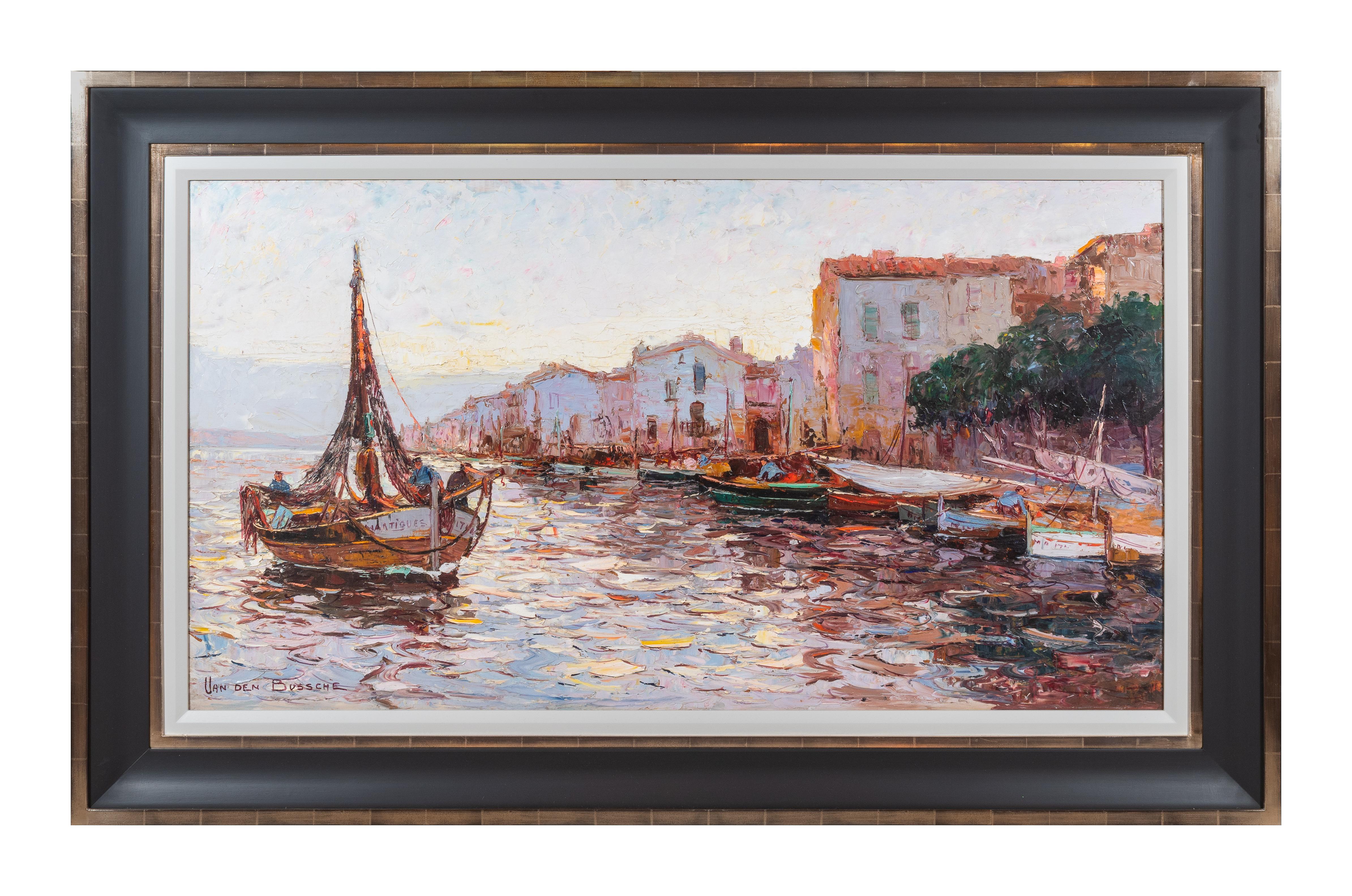 Jacques Van Den Bussche Landscape Painting - Dark Thick Impasto French Harbour Scene with Boats and figures 'Martiques' 