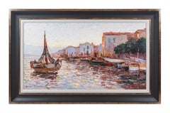 Vintage Dark Thick Impasto French Harbour Scene with Boats and figures 'Martiques' 