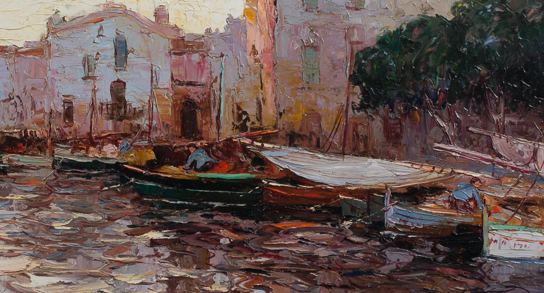 Martiques Französische Côte d'Azur Gemälde eines Hafens, eines Bootes und eines Fischers, lila (Impressionismus), Painting, von Jacques Van Den Bussche