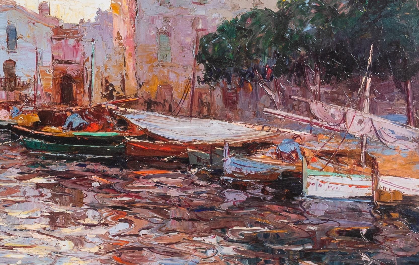 Martiques Französische Côte d'Azur Gemälde eines Hafens, eines Bootes und eines Fischers, lila im Angebot 1