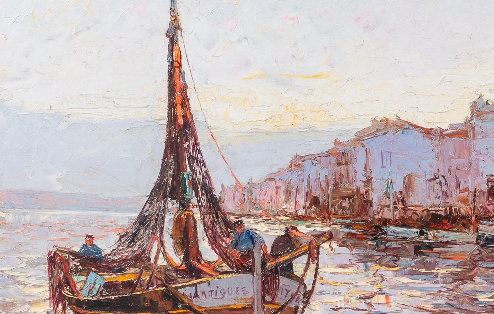 Martiques Französische Côte d'Azur Gemälde eines Hafens, eines Bootes und eines Fischers, lila im Angebot 2