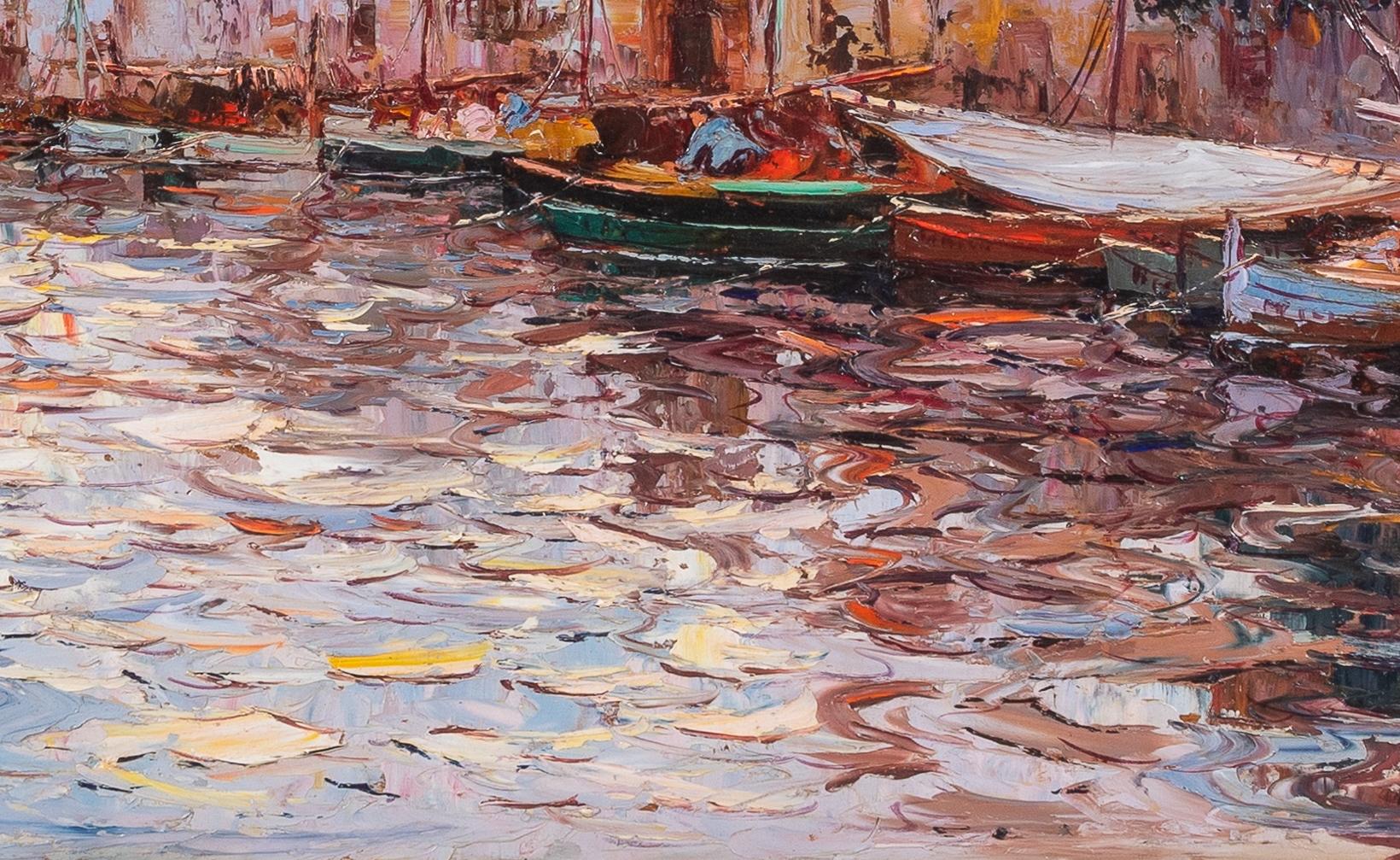 Martiques Französische Côte d'Azur Gemälde eines Hafens, eines Bootes und eines Fischers, lila im Angebot 3