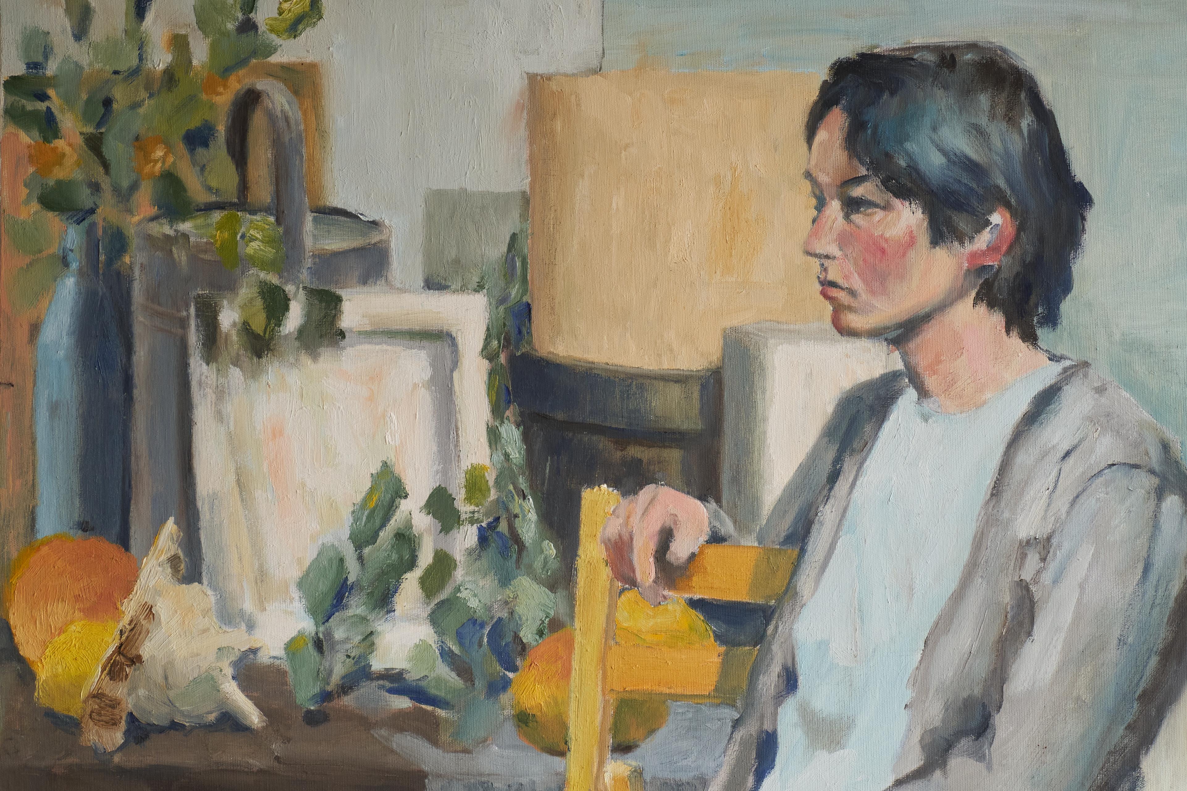 Jacques van Loock Retrato de mujer sentada Óleo sobre lienzo Bélgica Años 50 Moderno de mediados de siglo en venta