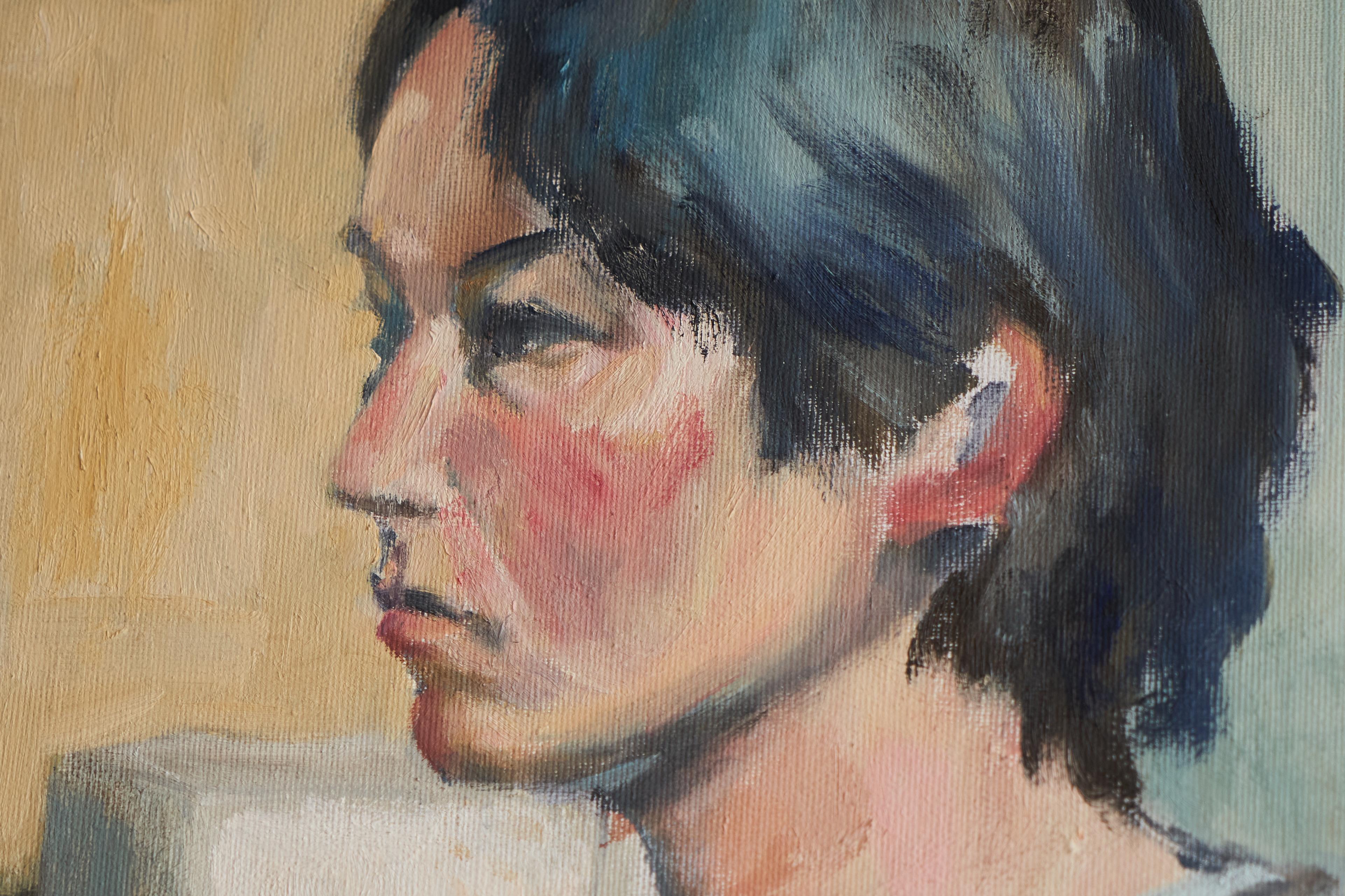 Jacques van Loock Retrato de mujer sentada Óleo sobre lienzo Bélgica Años 50 siglo XX en venta