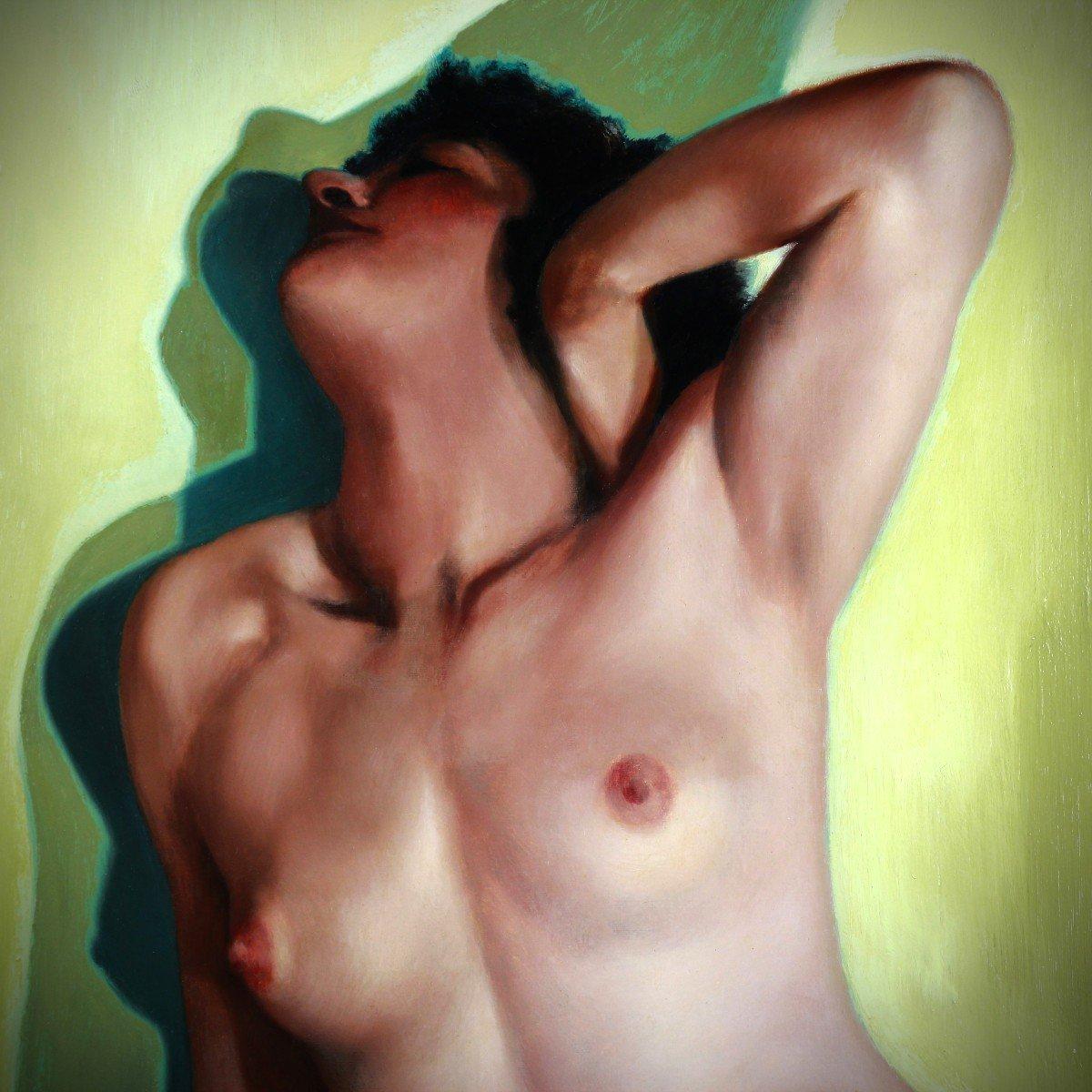 Akt, Ölgemälde auf Tafel, „Die Pose“, von Jacques Van Rooten, 20. Jahrhundert (Gold), Nude Painting, von Jacques Van Rooten ( Artiste Belge )