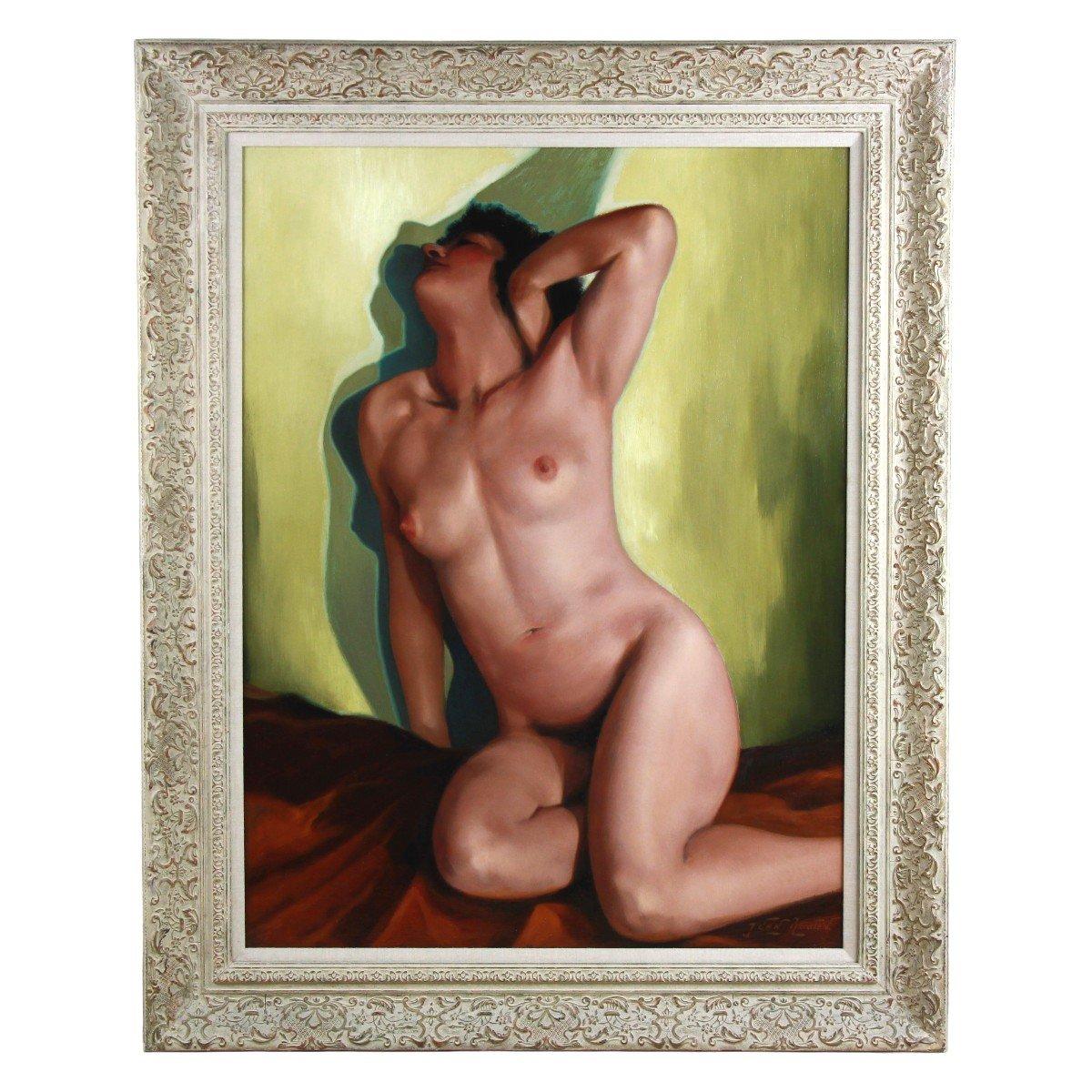 Jacques Van Rooten ( Artiste Belge ) Nude Painting – Akt, Ölgemälde auf Tafel, „Die Pose“, von Jacques Van Rooten, 20. Jahrhundert