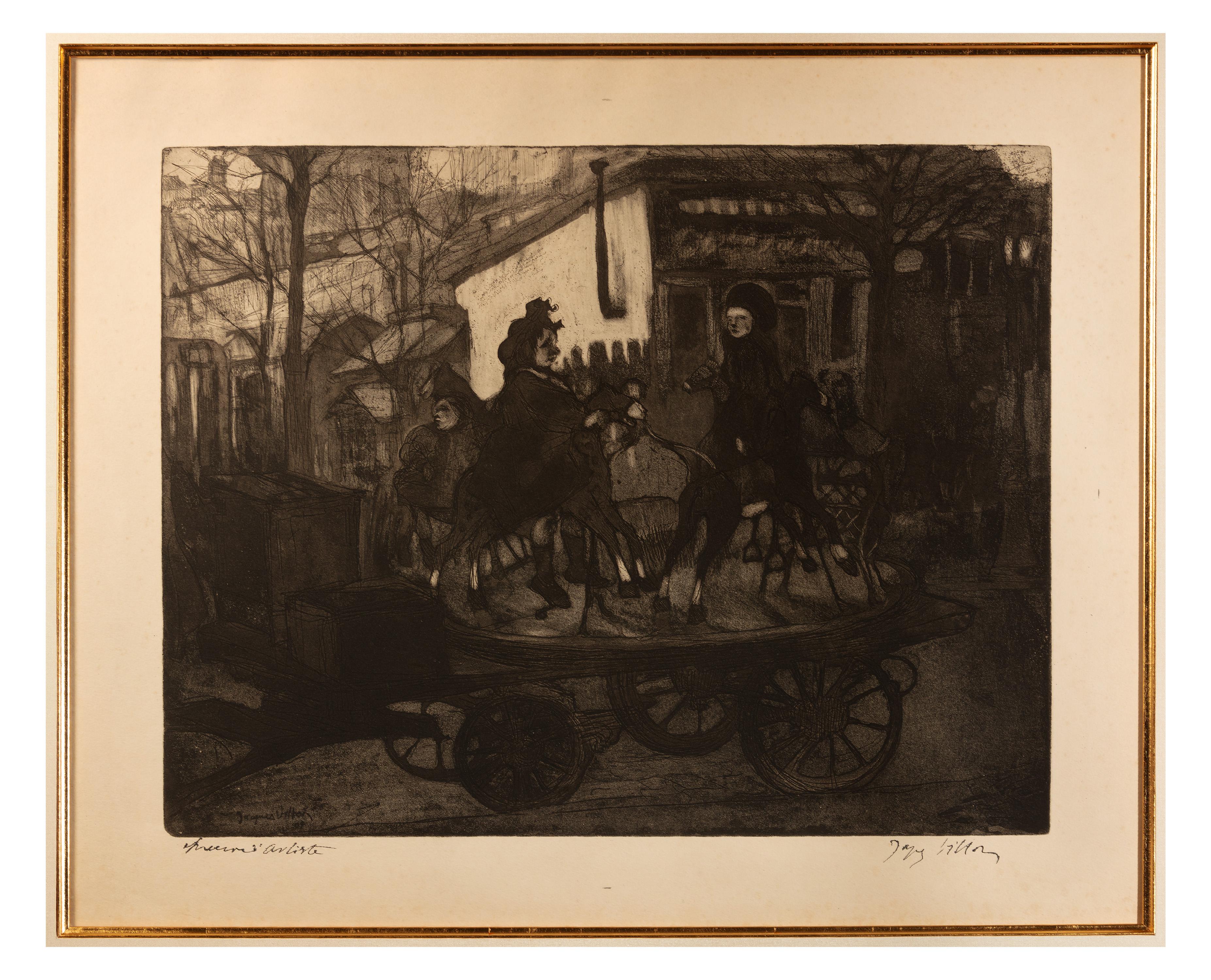 Siglo XX aguatinta aguafuerte escena figurativa oscura malhumorada ciudad urbana carro firmado - Print de Jacques Villon