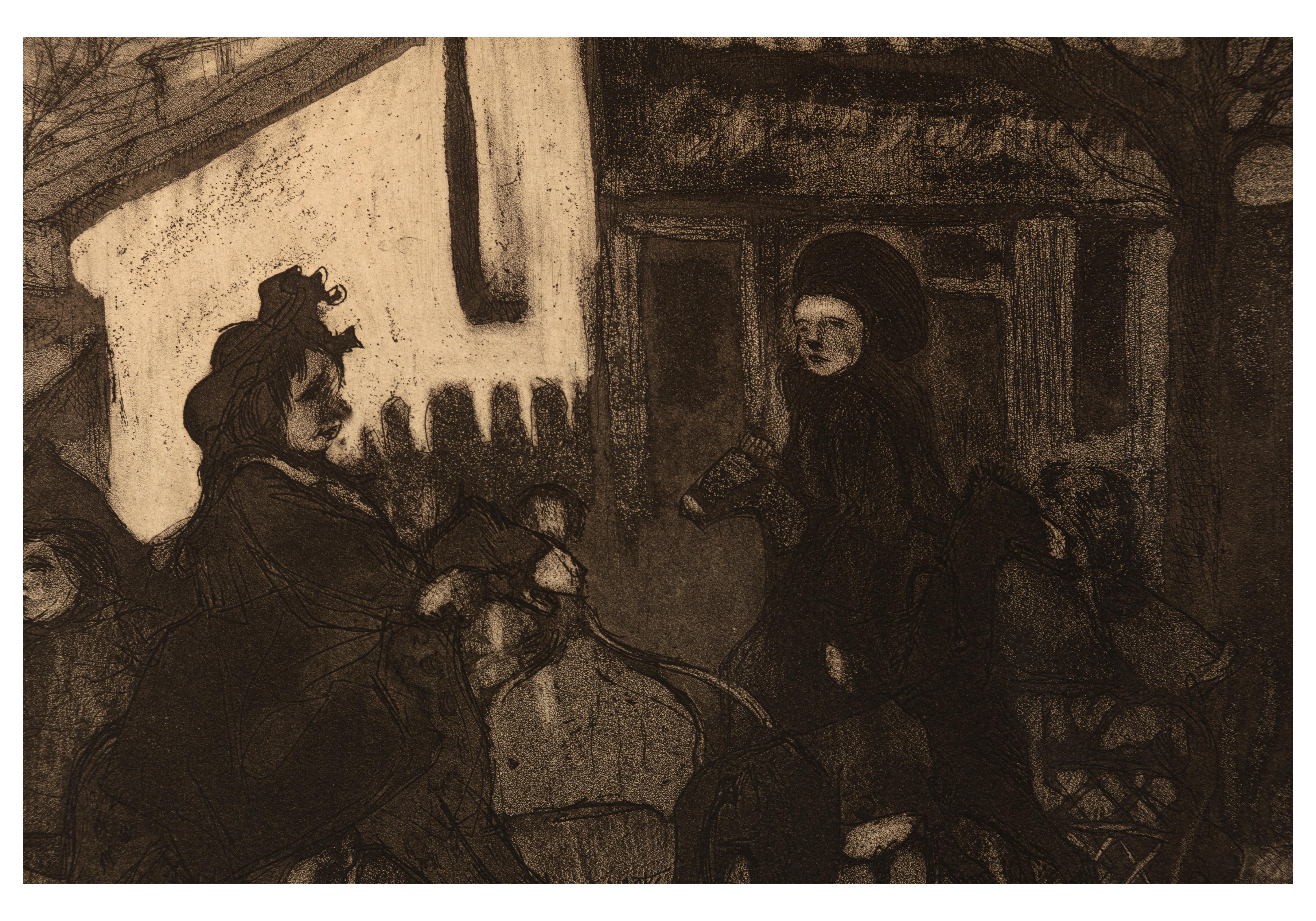 Siglo XX aguatinta aguafuerte escena figurativa oscura malhumorada ciudad urbana carro firmado - Print Moderno de Jacques Villon