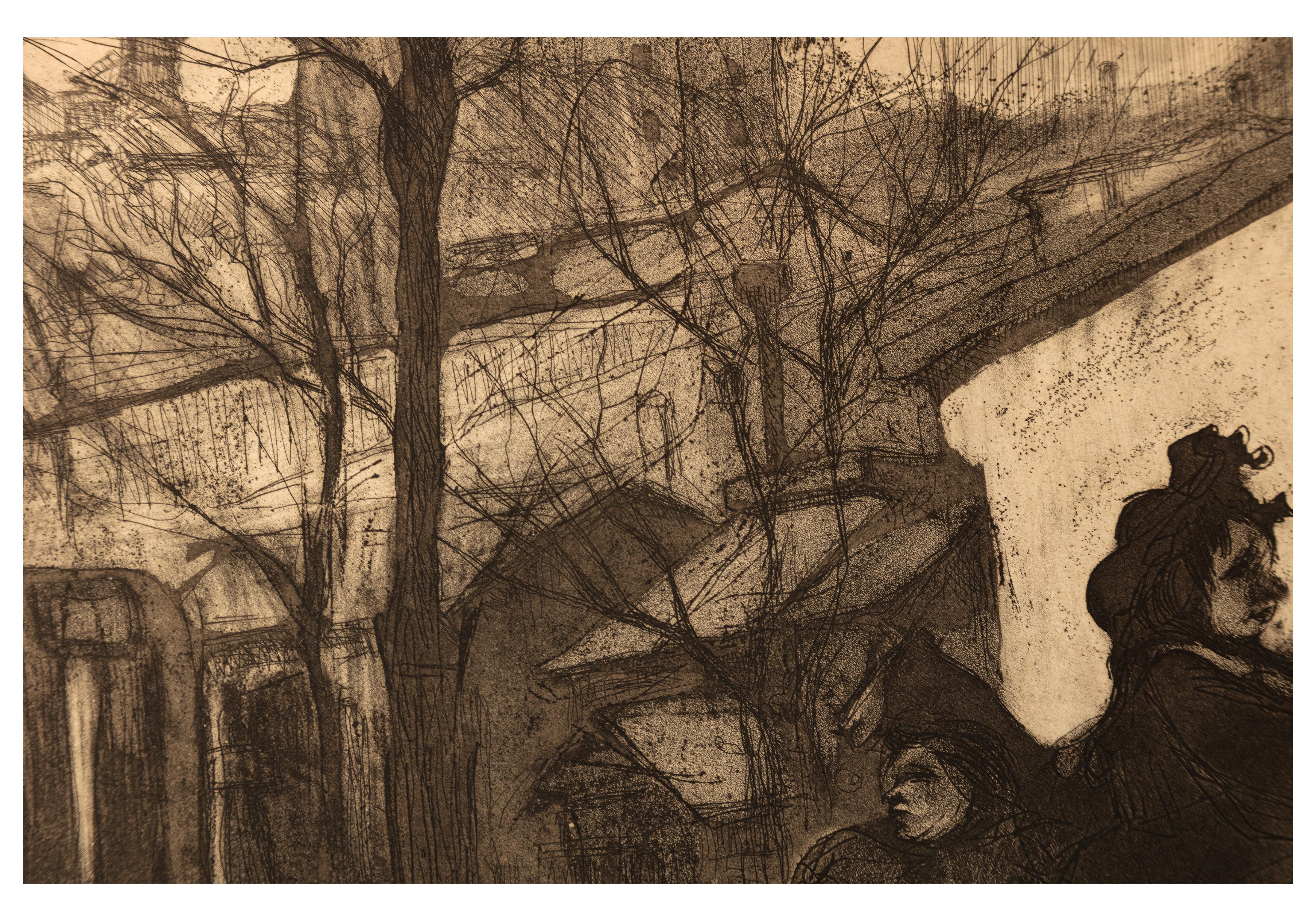 Siglo XX aguatinta aguafuerte escena figurativa oscura malhumorada ciudad urbana carro firmado - Figurative Print Negro de Jacques Villon