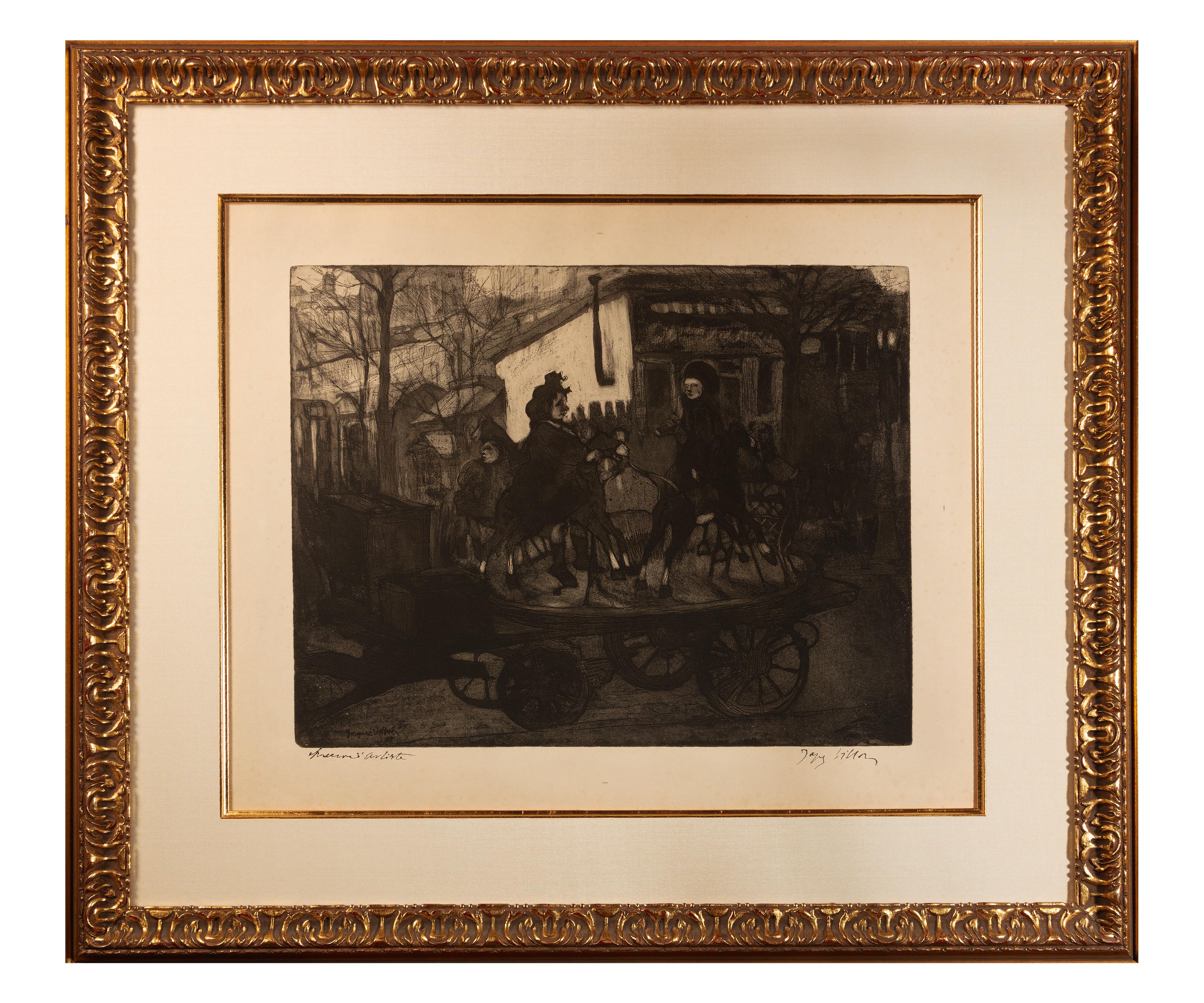 Figurative Print de Jacques Villon - Siglo XX aguatinta aguafuerte escena figurativa oscura malhumorada ciudad urbana carro firmado