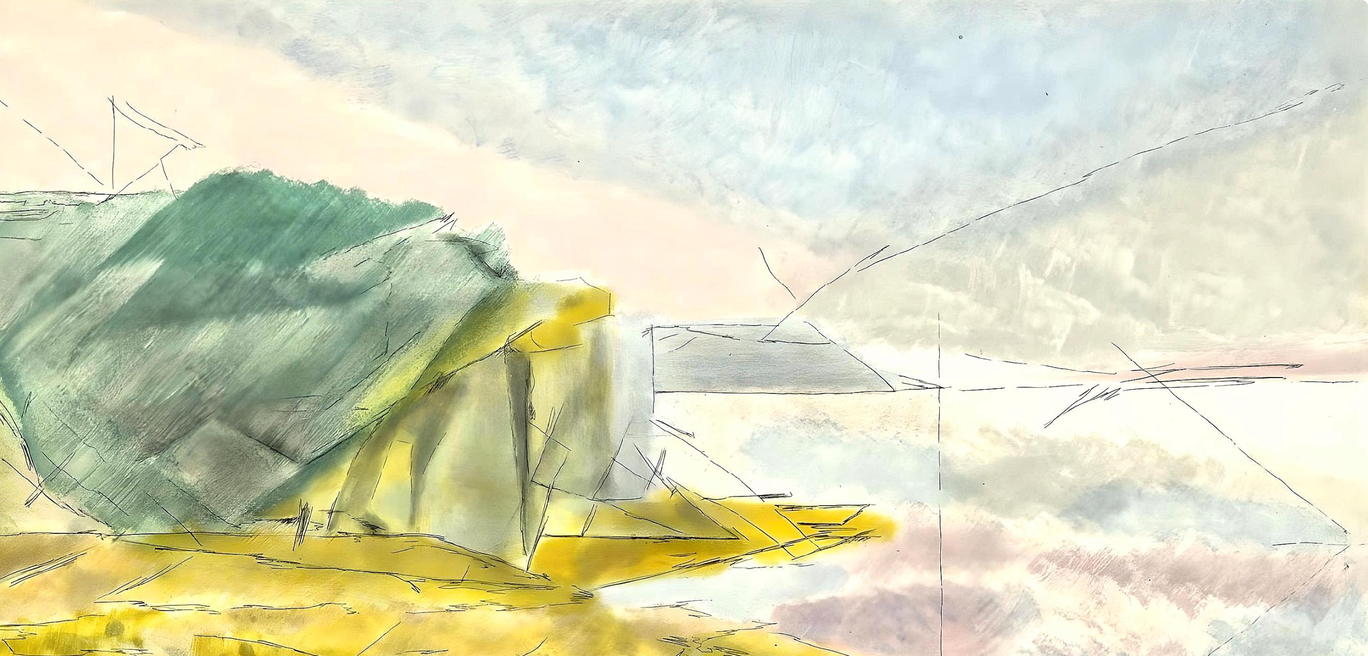 Composition (Ginestet/Pouillon 42-64), Hésiode, Les Travaux et les Jours - Beige Landscape Print by Jacques Villon