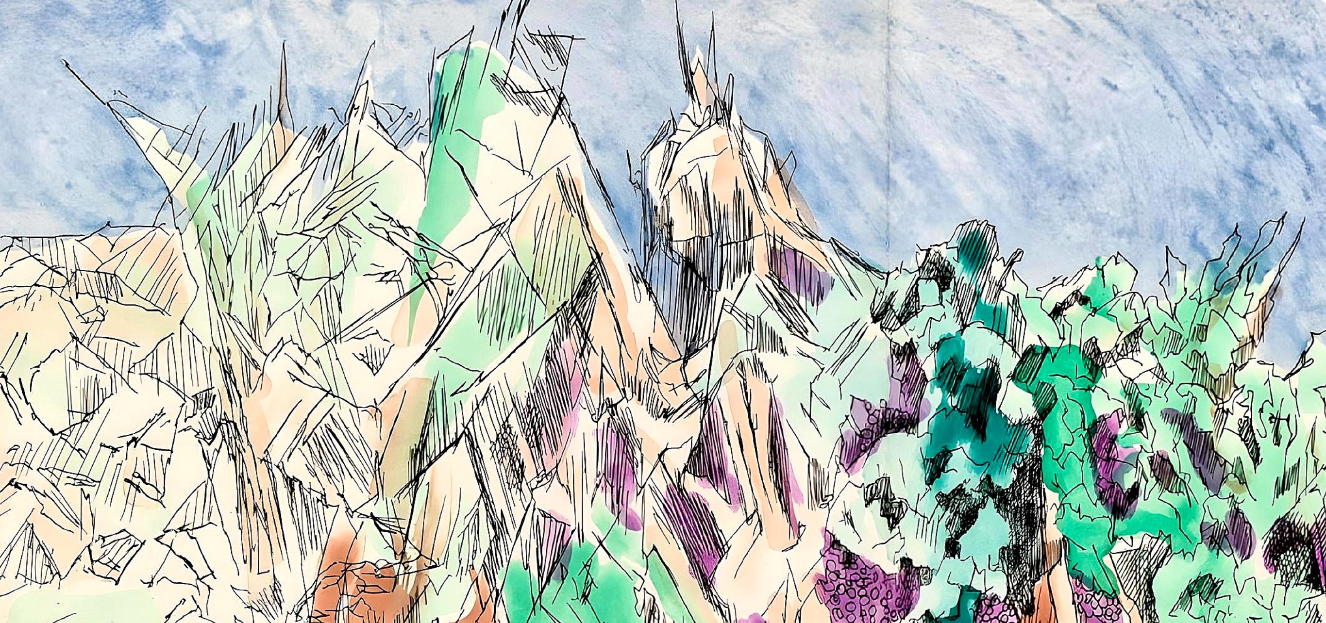 Composition (Ginestet/Pouillon 42-64), Hésiode, Les Travaux et les Jours - Beige Landscape Print by Jacques Villon