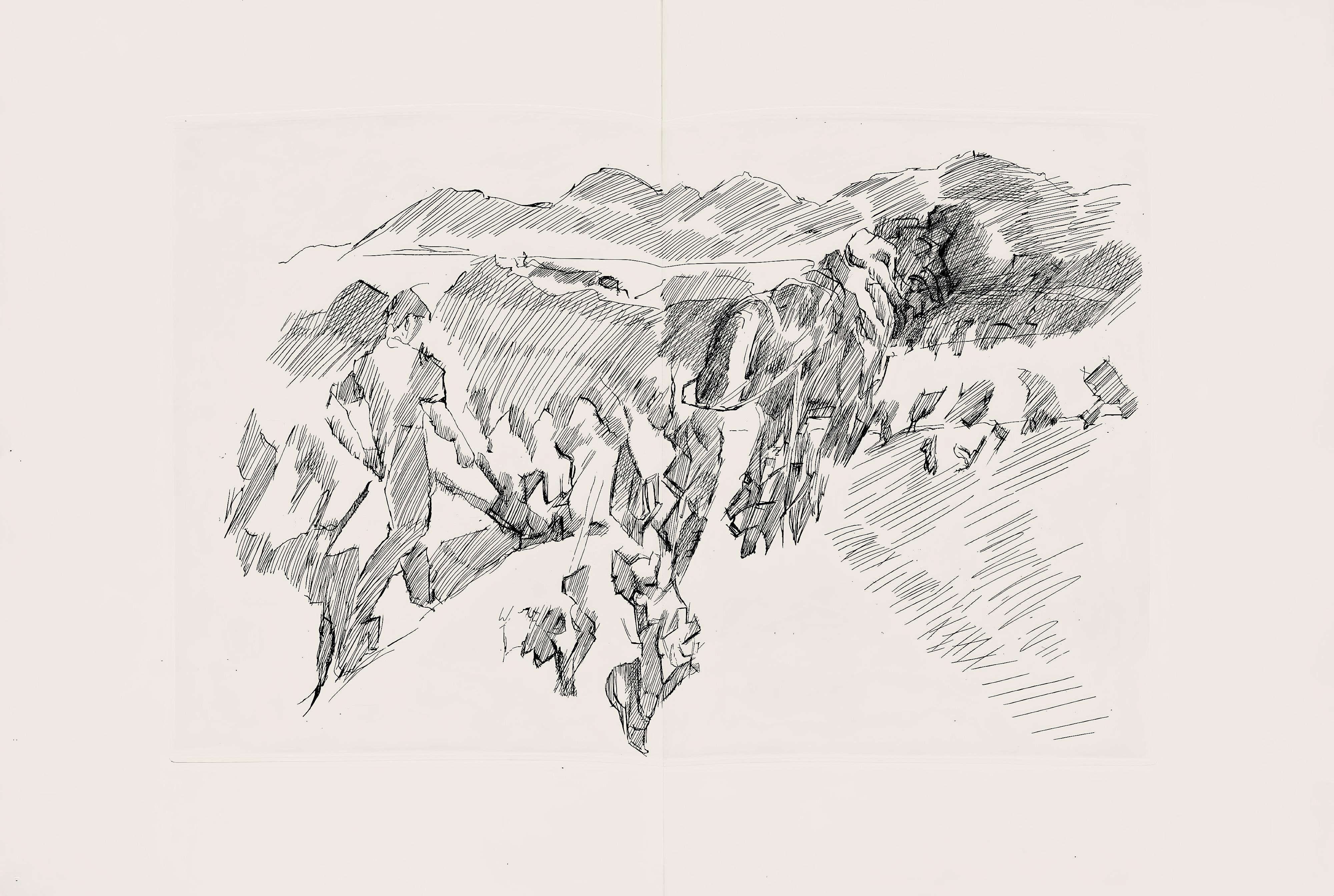 Etching on vélin de Rives paper. Unsigned and unnumbered, as issued. Good condition, with centerfold, as issued. Notes: From the folio, Hésiode, Les Travaux et les jours. Eaux-fortes de Jacques Villon, 1962. Published by les Éditions de la Revue
