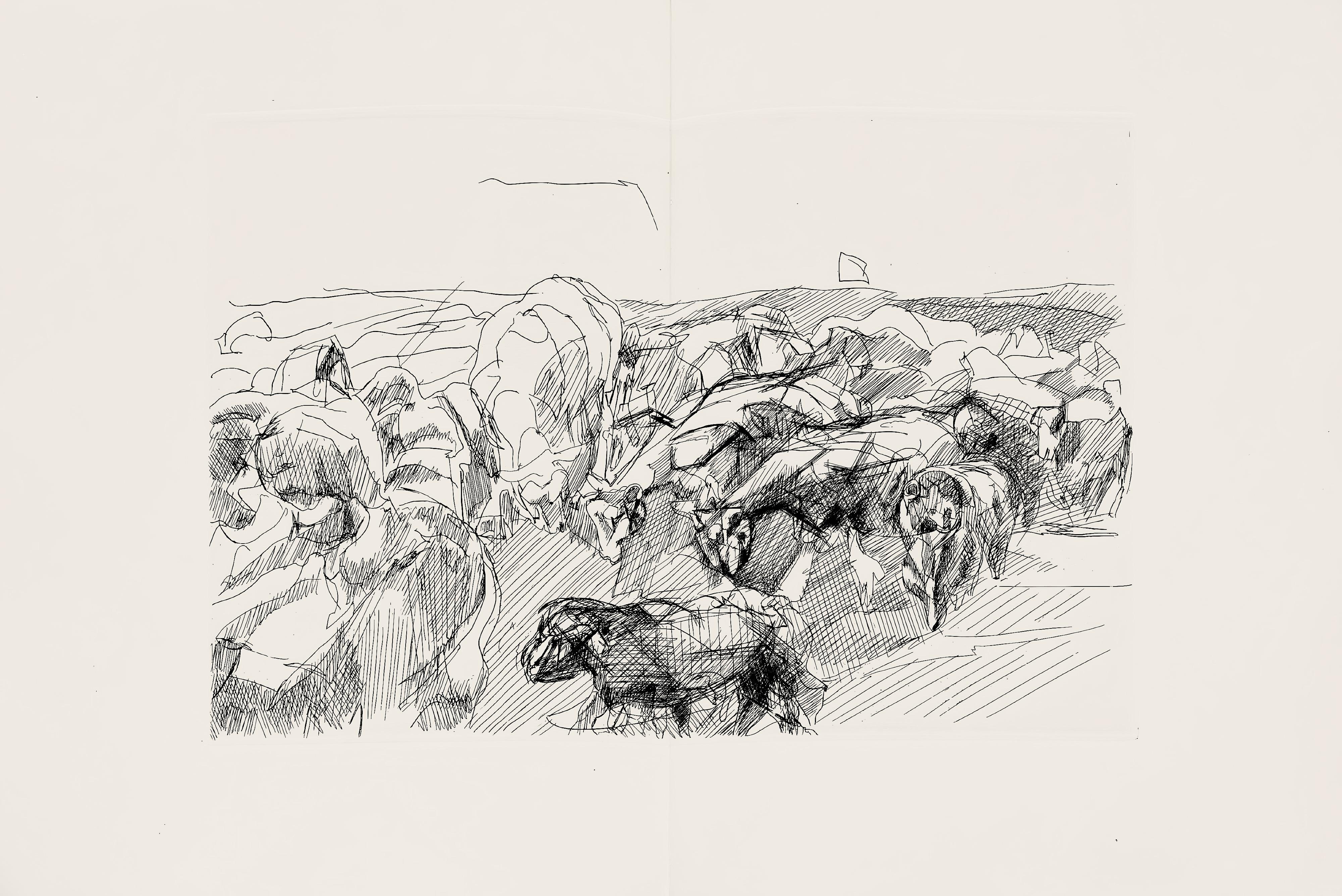 Etching on vélin de Rives paper. Unsigned and unnumbered, as issued. Good condition, with centerfold, as issued. Notes: From the folio, Hésiode, Les Travaux et les jours. Eaux-fortes de Jacques Villon, 1962. Published by les Éditions de la Revue