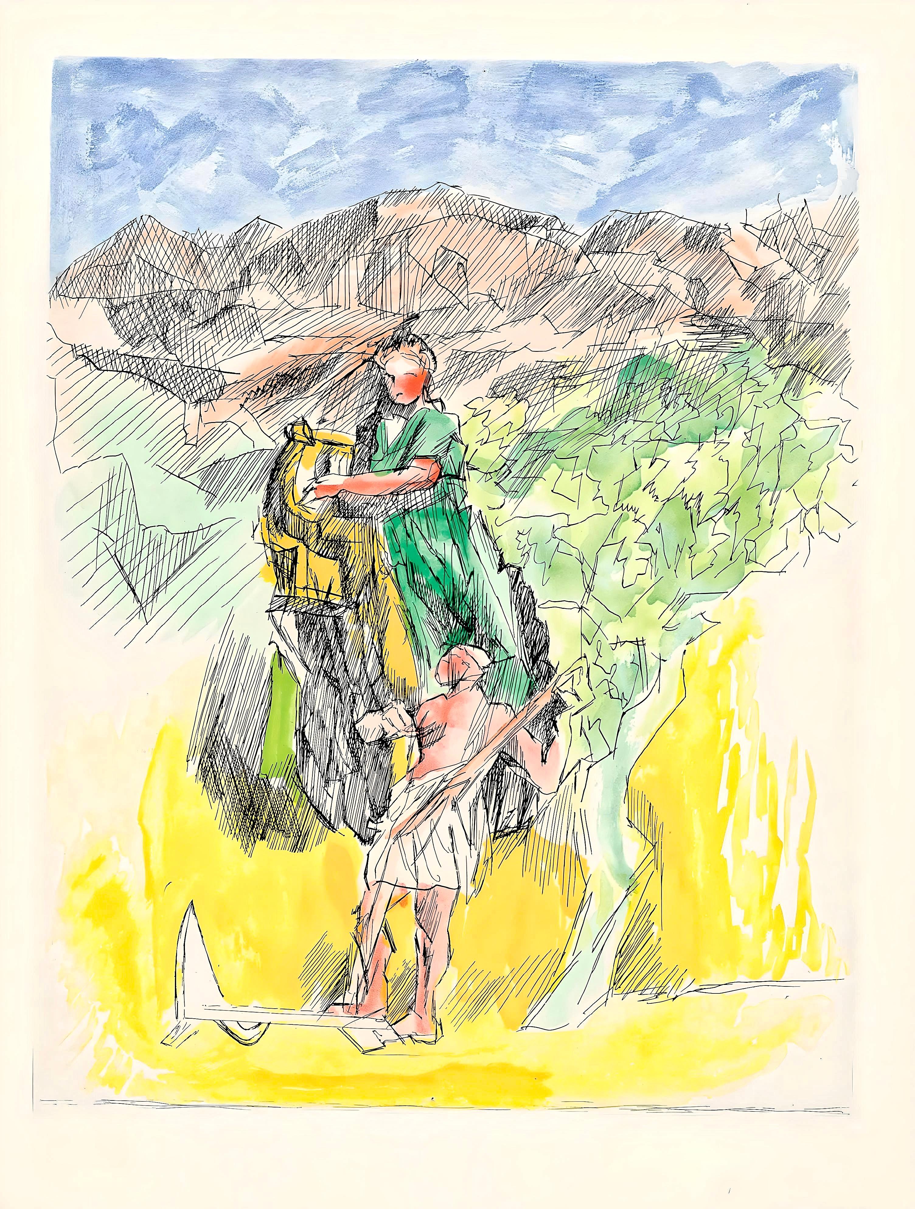 Etching in colors on vélin de Rives paper. Unsigned and unnumbered, as issued. Good condition. Notes: From the folio, Hésiode, Les Travaux et les jours. Eaux-fortes de Jacques Villon, 1962. Published by les Éditions de la Revue Verve, Paris, under