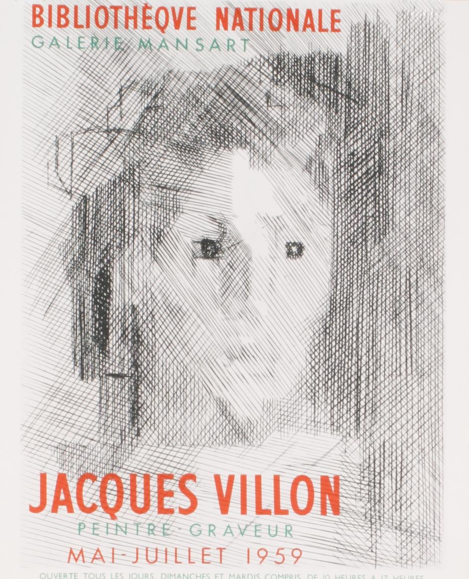 Original first printing exhibition poster by Jacques Villon for Bibliotheque Nationale, 1959. The lithograph was printed by Mourlot. 
