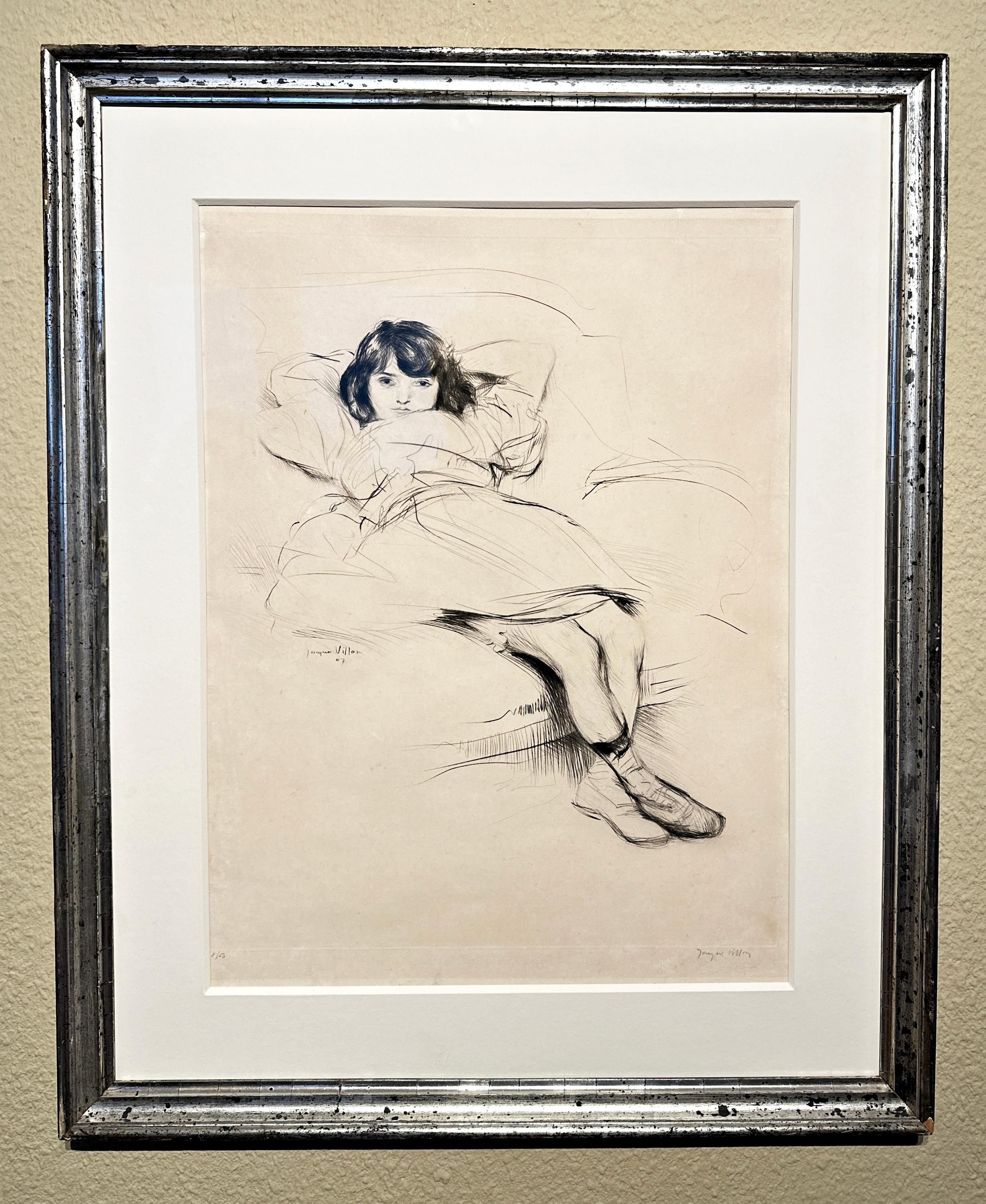 Jacques Villon
1875 Damville - 1963 Puteaux
Renée aux Canapé
Drypoint etching
Signed in pencil lower right
Limited edition 8/50 in pencil lower left
With the dry stamp of the publisher "Sagot Editeur Paris" 
Image 49,5 x 39,5 cm
Frame: 73 x 60