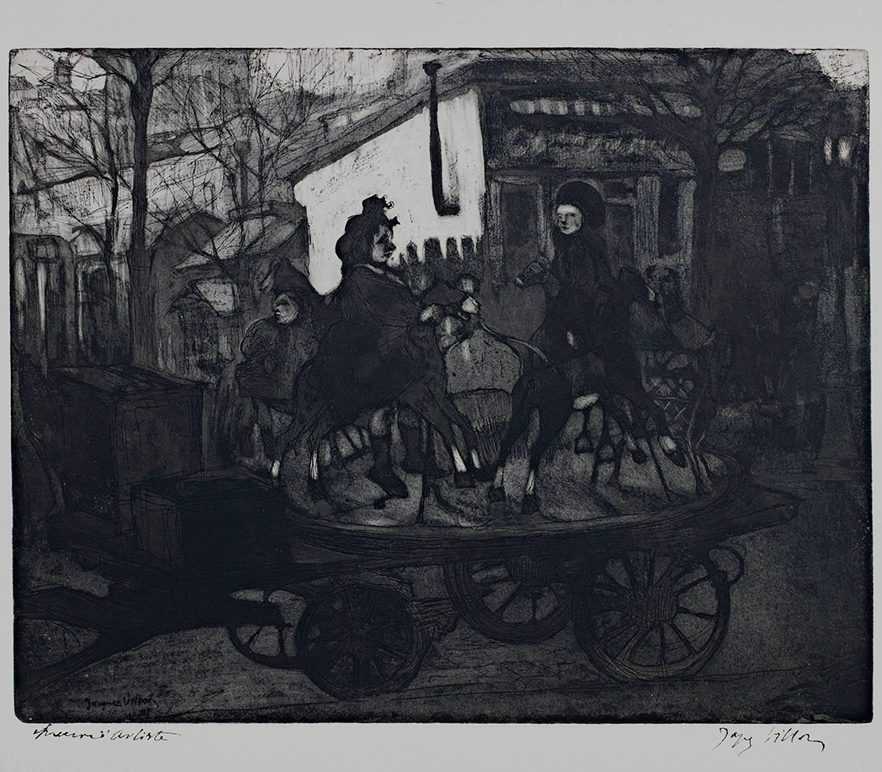 "Manege rue Caulaincourt ou Le Petit Manege Aux Chevaux De Bois" ist eine Original-Radierung und Aquatinta, signiert von Jacques Villon. Der Künstler hat das Werk unten rechts signiert. Dies ist ein Künstlerabzug in Braun und Schwarz auf